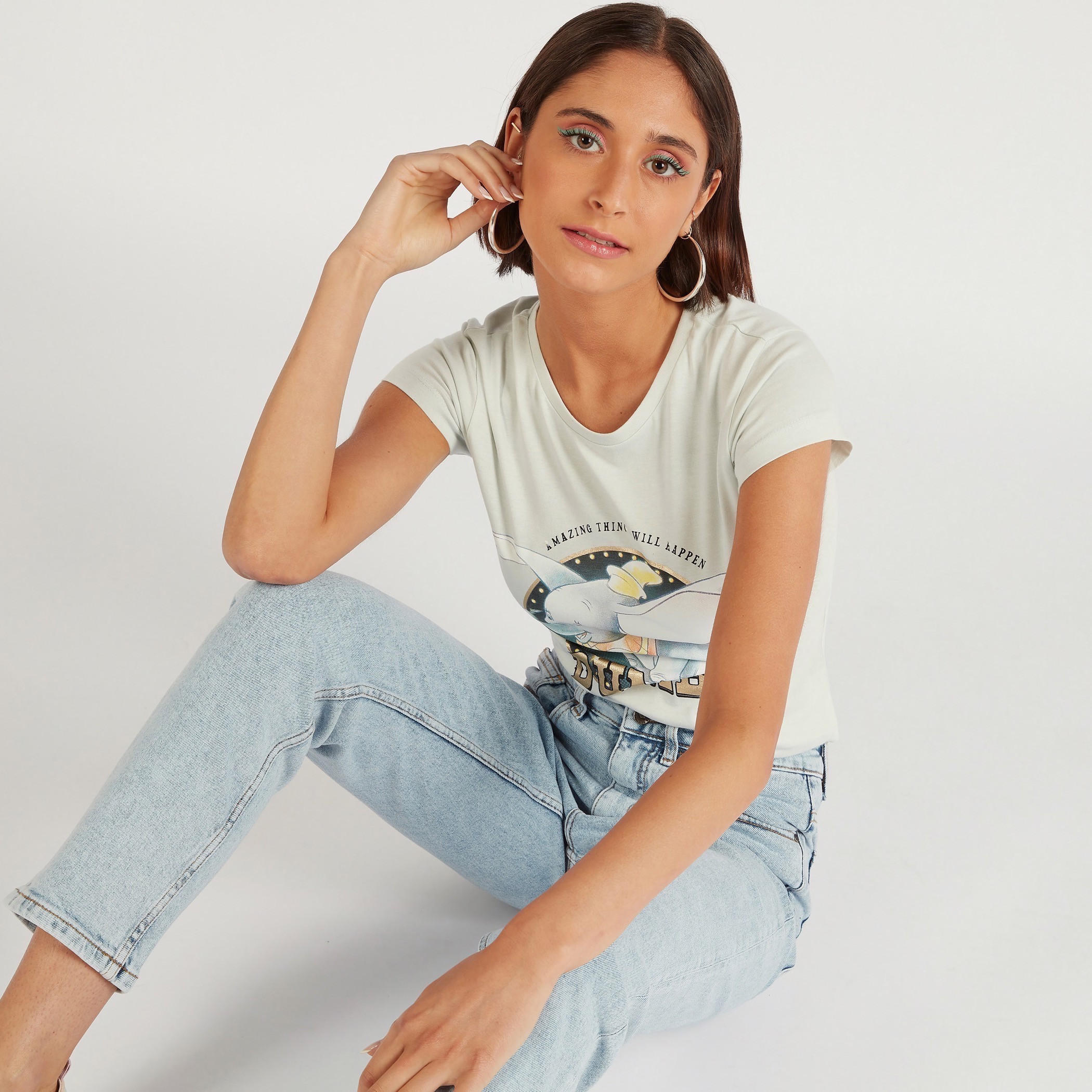 Dumbo Print Crew Neck T-shirt with Cap Sleeves-women-clothing-tshirts-image-1