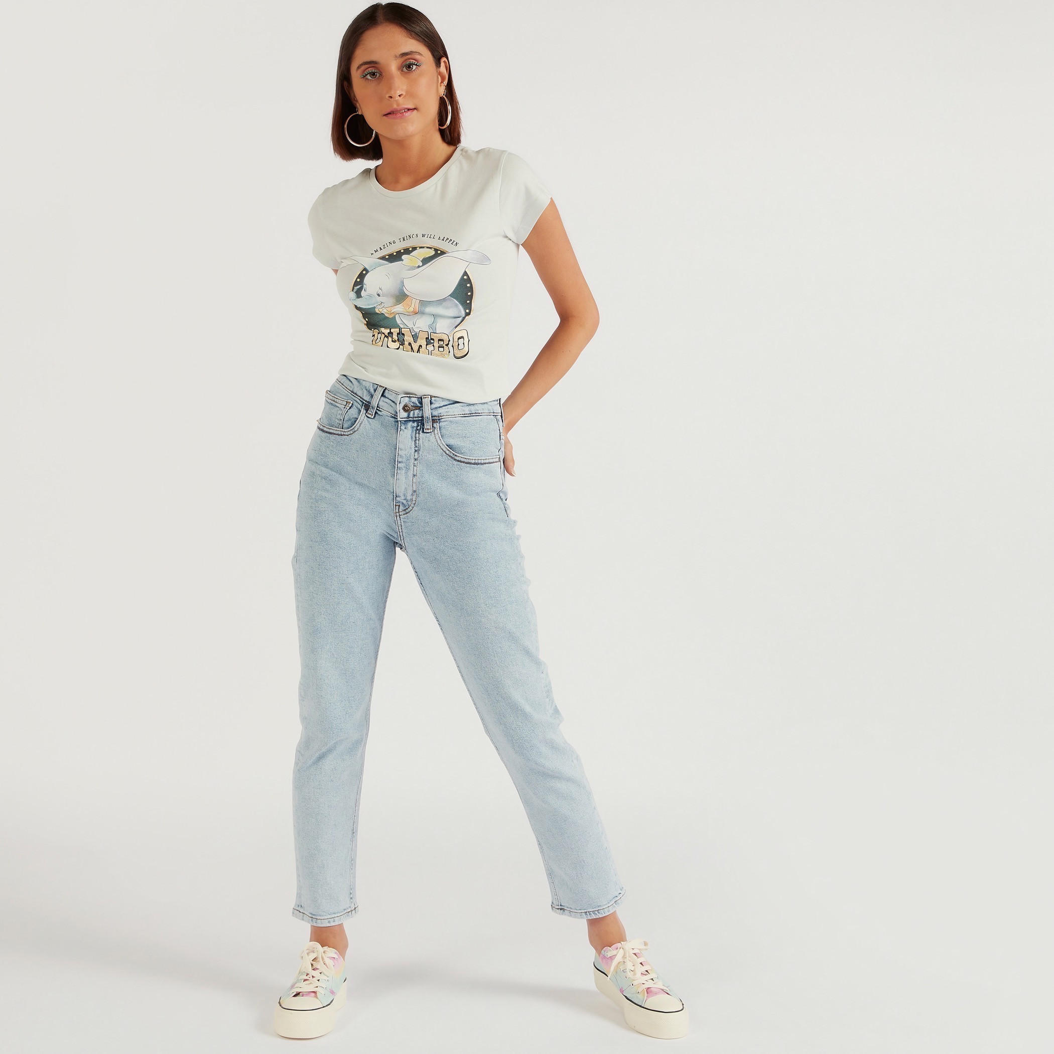 Dumbo Print Crew Neck T-shirt with Cap Sleeves-women-clothing-tshirts-image-2