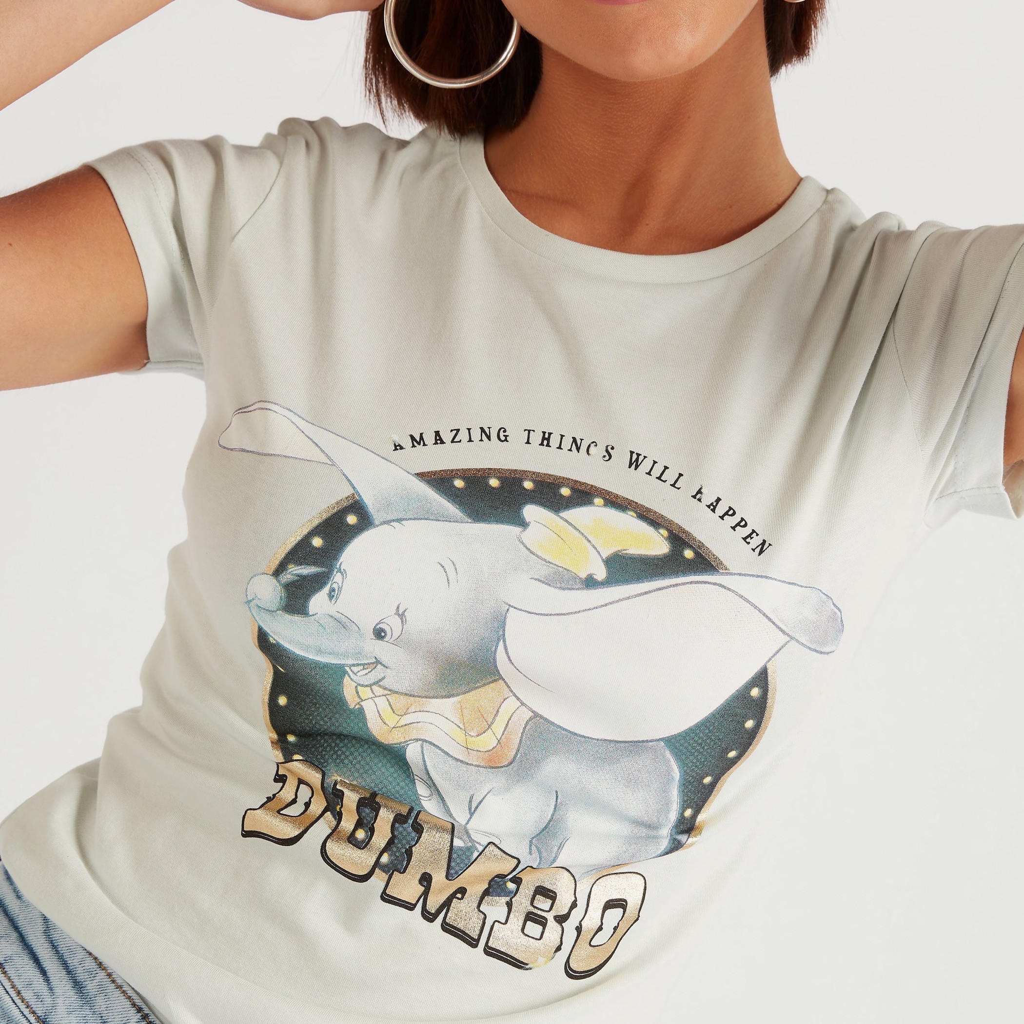 Dumbo Print Crew Neck T-shirt with Cap Sleeves-women-clothing-tshirts-image-3