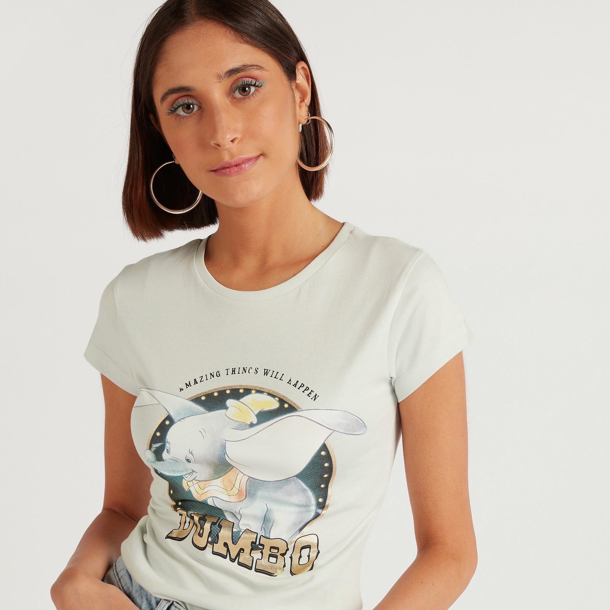 Dumbo Print Crew Neck T-shirt with Cap Sleeves-women-clothing-tshirts-image-5