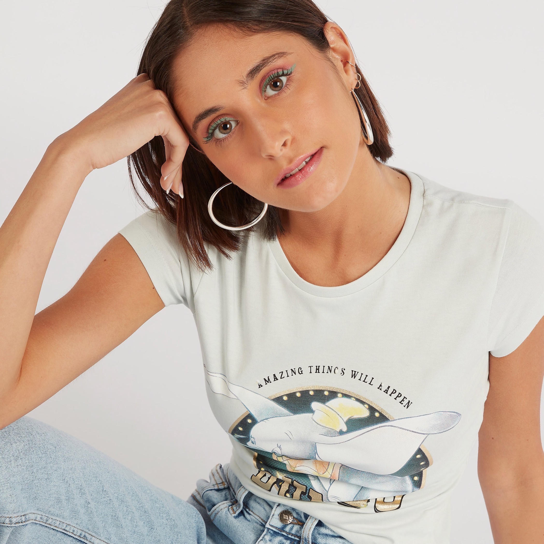 Dumbo Print Crew Neck T-shirt with Cap Sleeves-women-clothing-tshirts-image-6