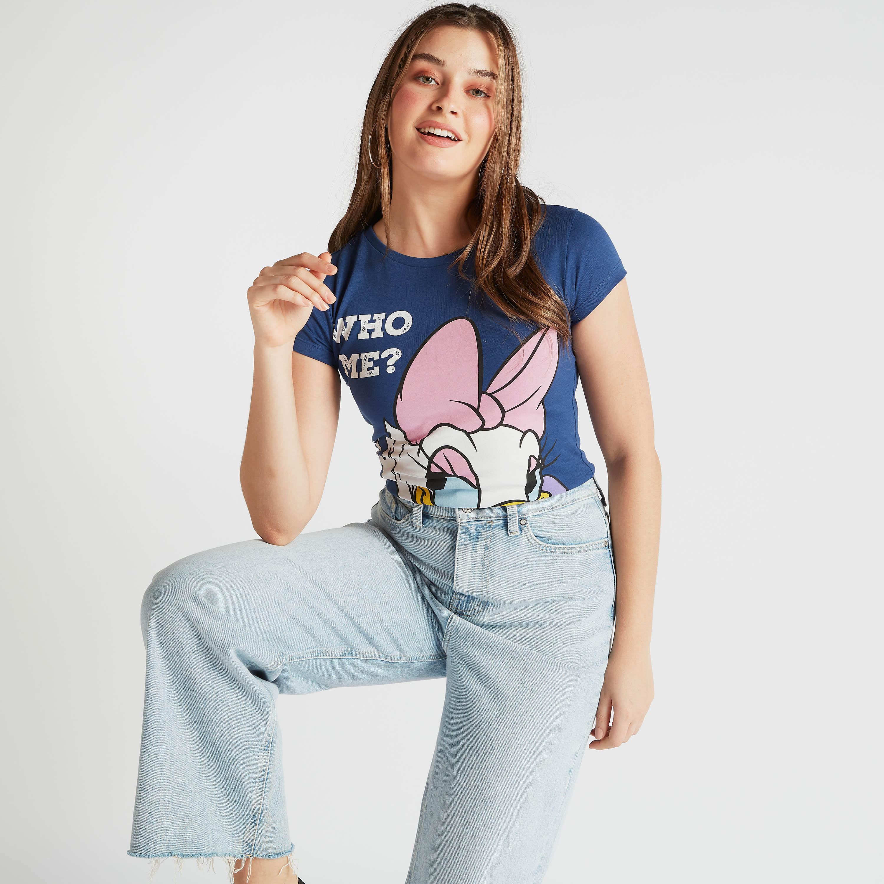 Daffy Duck Print T-shirt with Crew Neck and Cap Sleeves-women-clothing-tshirts-image-1