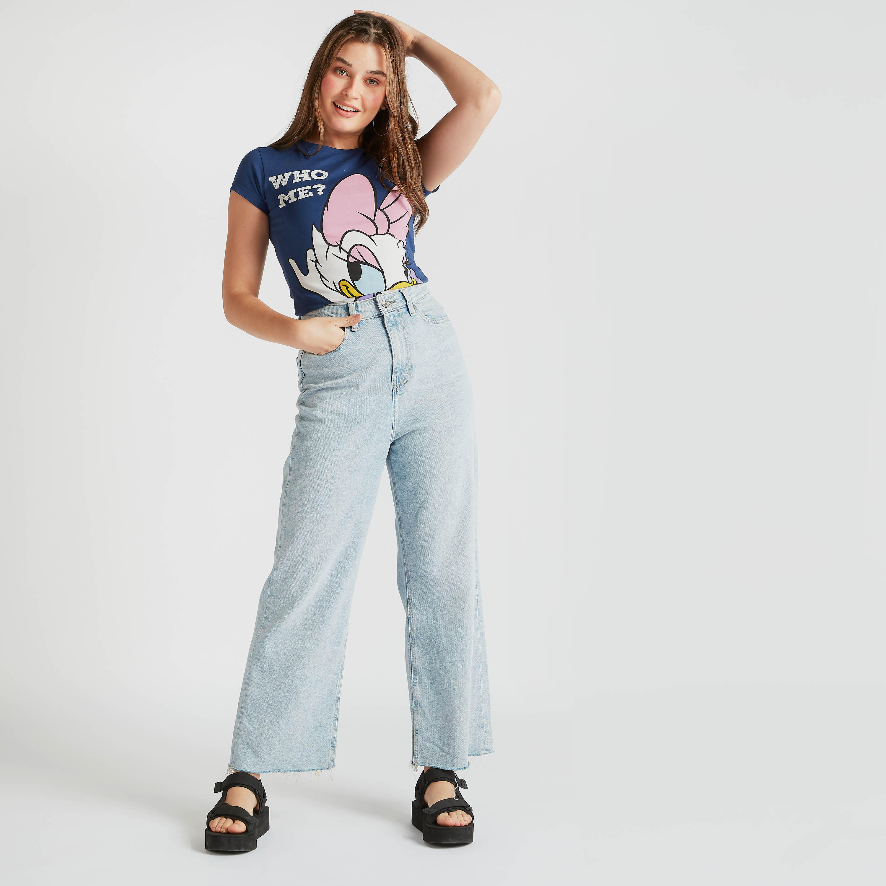 Daffy Duck Print T-shirt with Crew Neck and Cap Sleeves-women-clothing-tshirts-image-2