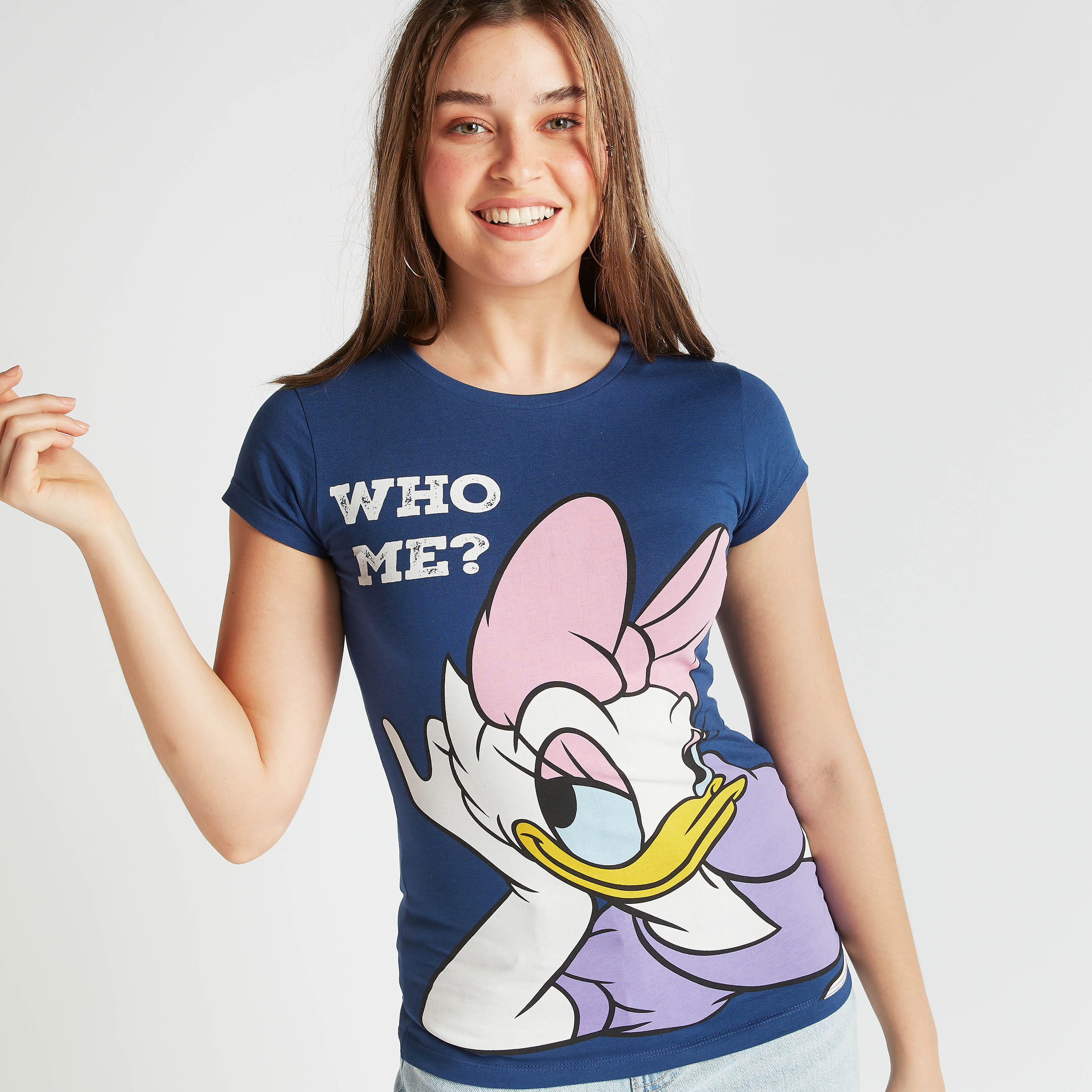 Daffy Duck Print T-shirt with Crew Neck and Cap Sleeves-women-clothing-tshirts-image-3