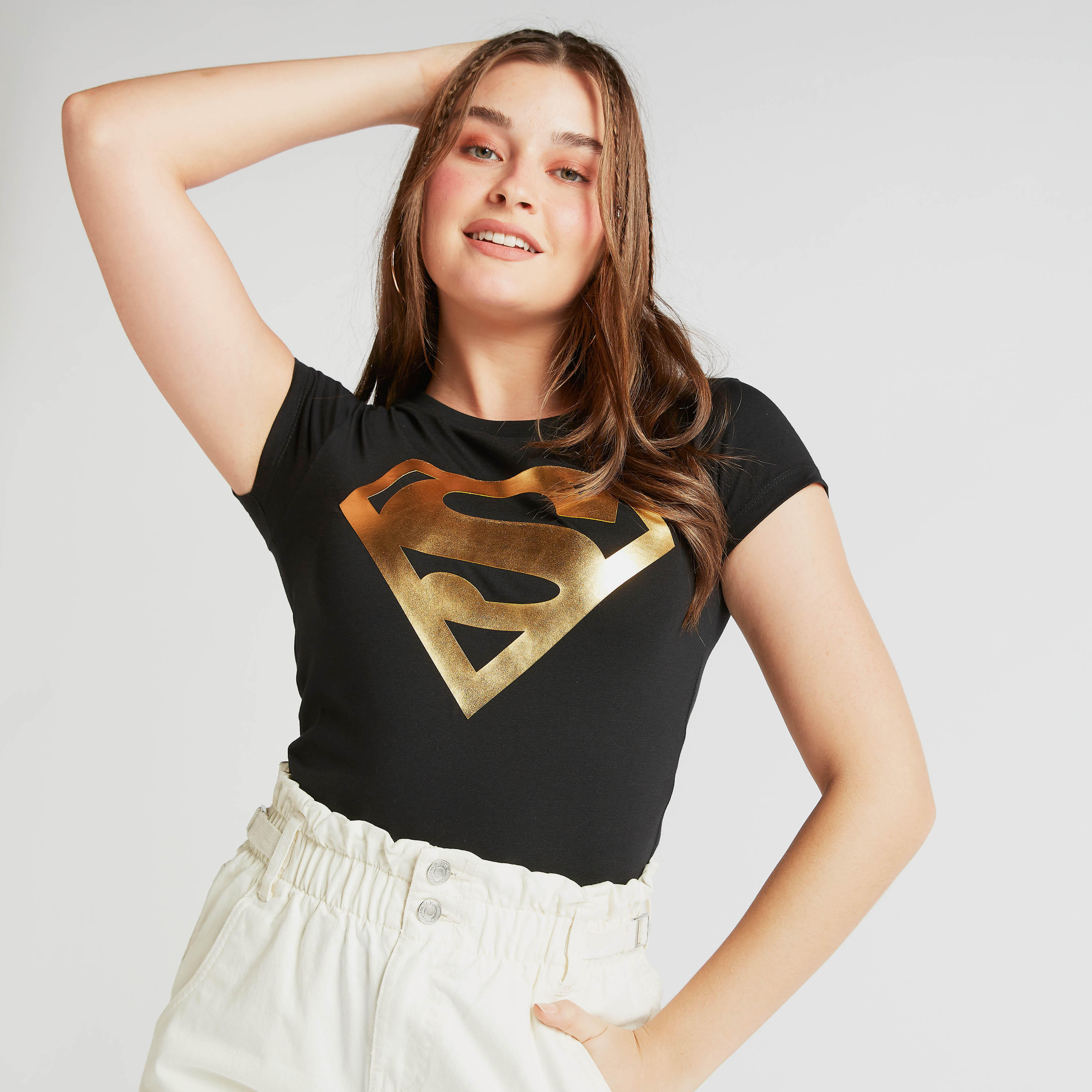 Superman Logo Print T-shirt with Crew Neck and Cap Sleeves-women-clothing-tshirts-image-1