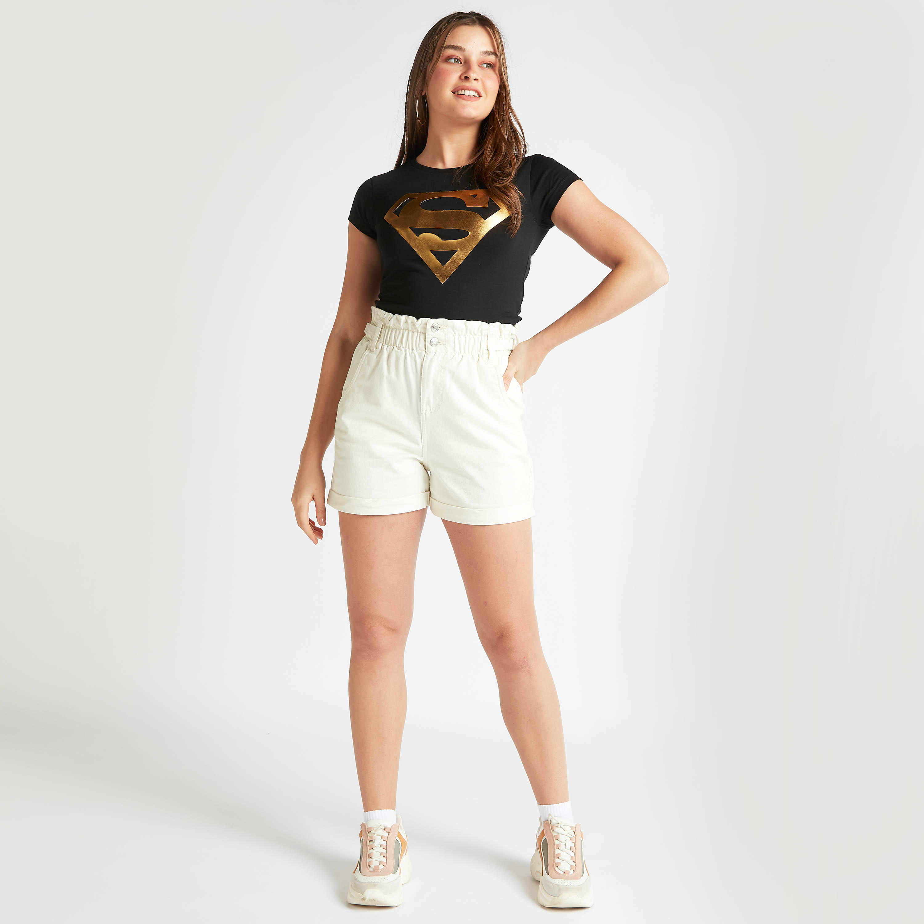 Superman Logo Print T-shirt with Crew Neck and Cap Sleeves-women-clothing-tshirts-image-2