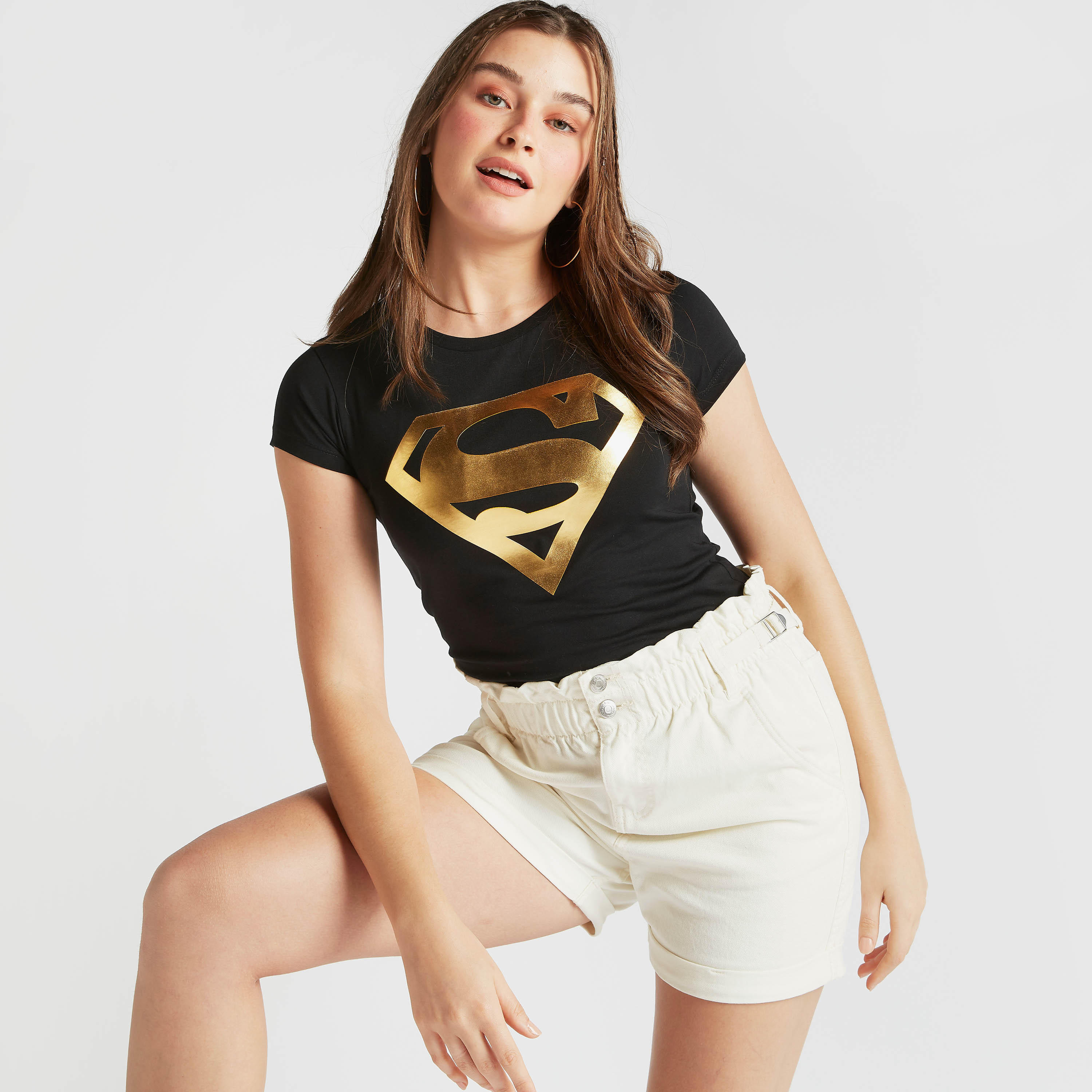 Superman Logo Print T-shirt with Crew Neck and Cap Sleeves-women-clothing-tshirts-image-5