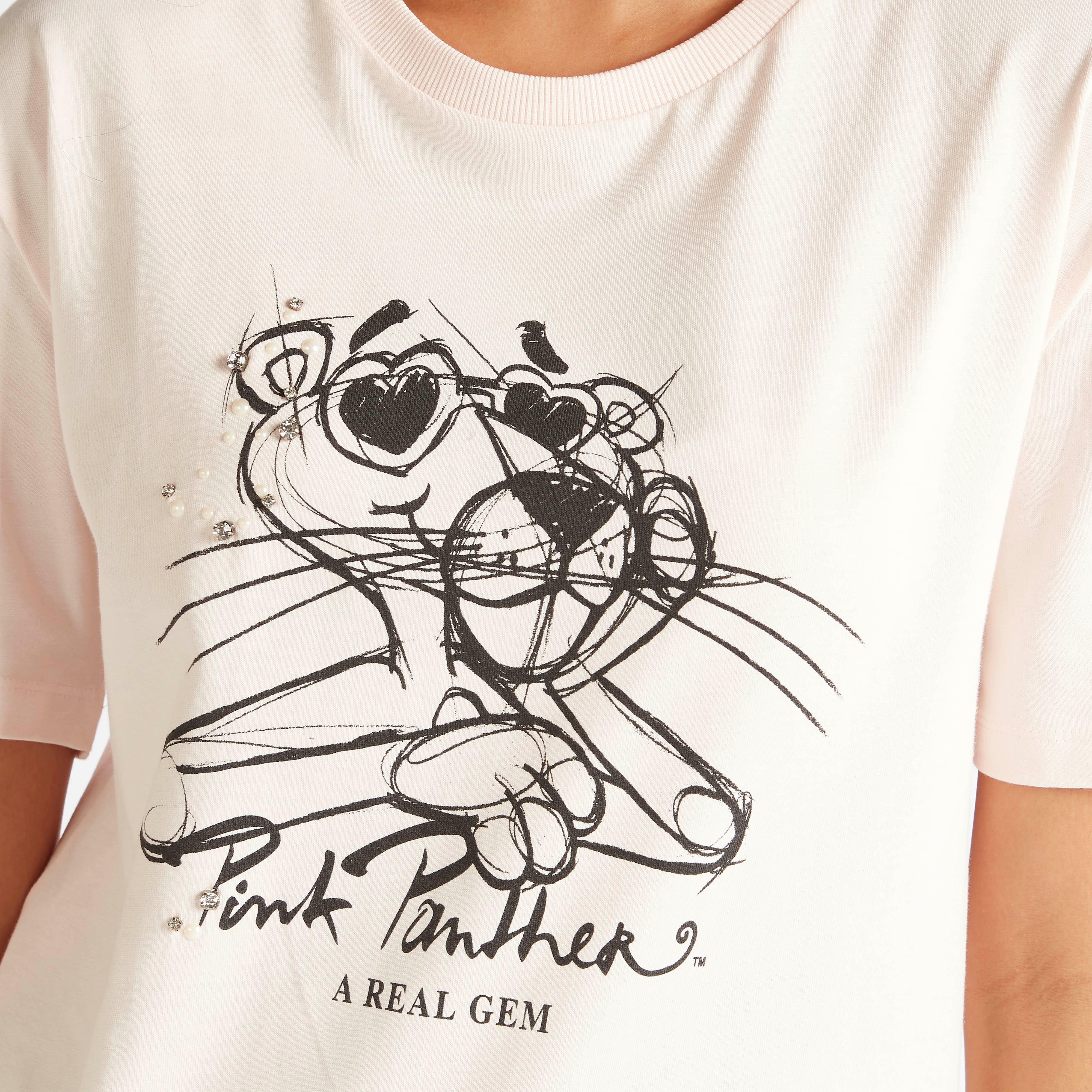 تيشيرت بياقة ضيقة وأكمام قصيرة وطبعات بينك بانثر-women-clothing-tshirts-image-3