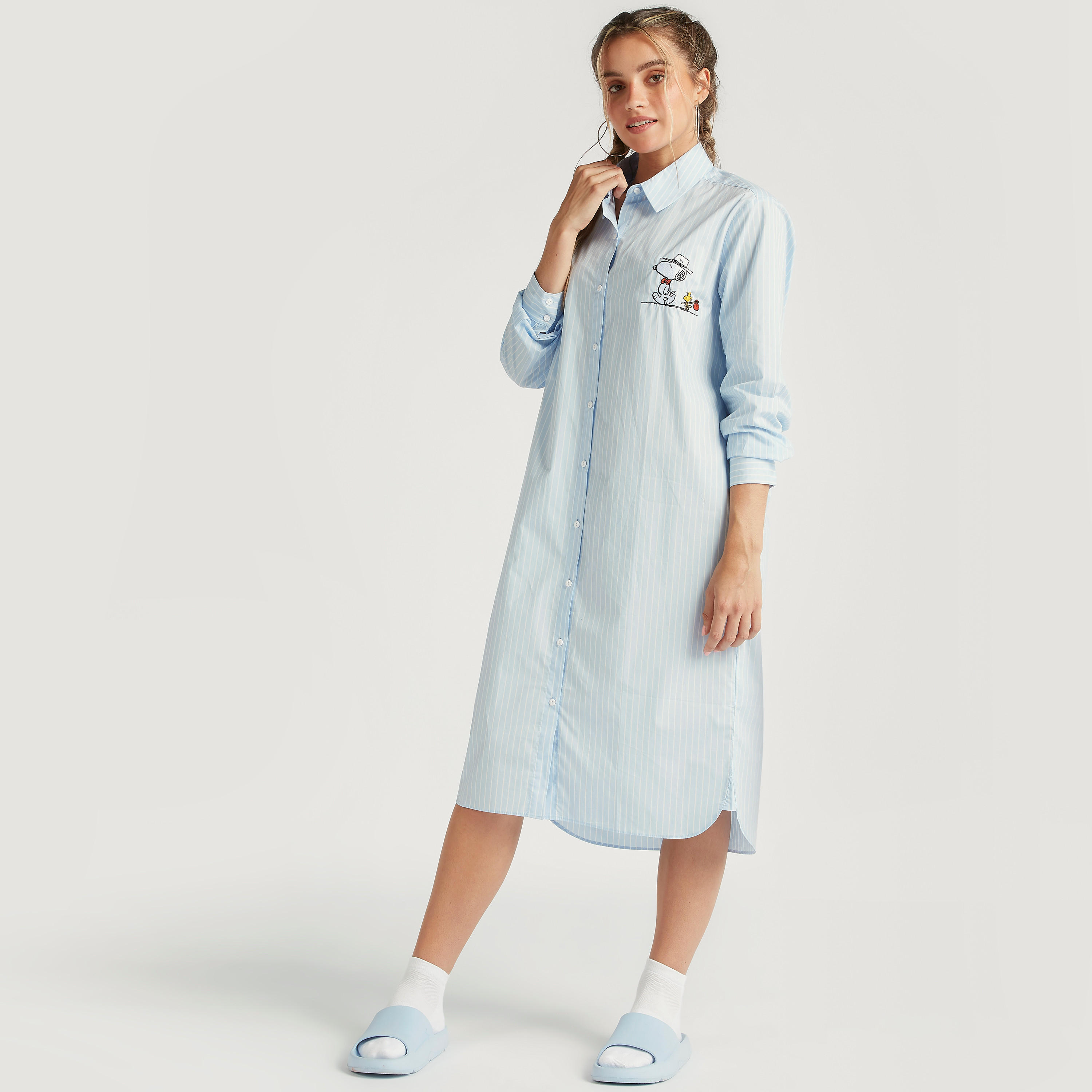 فستان قميص ميدي مقلّم بأكمام طويلة وطبعات بينوتس-women-clothing-dresses-image-1