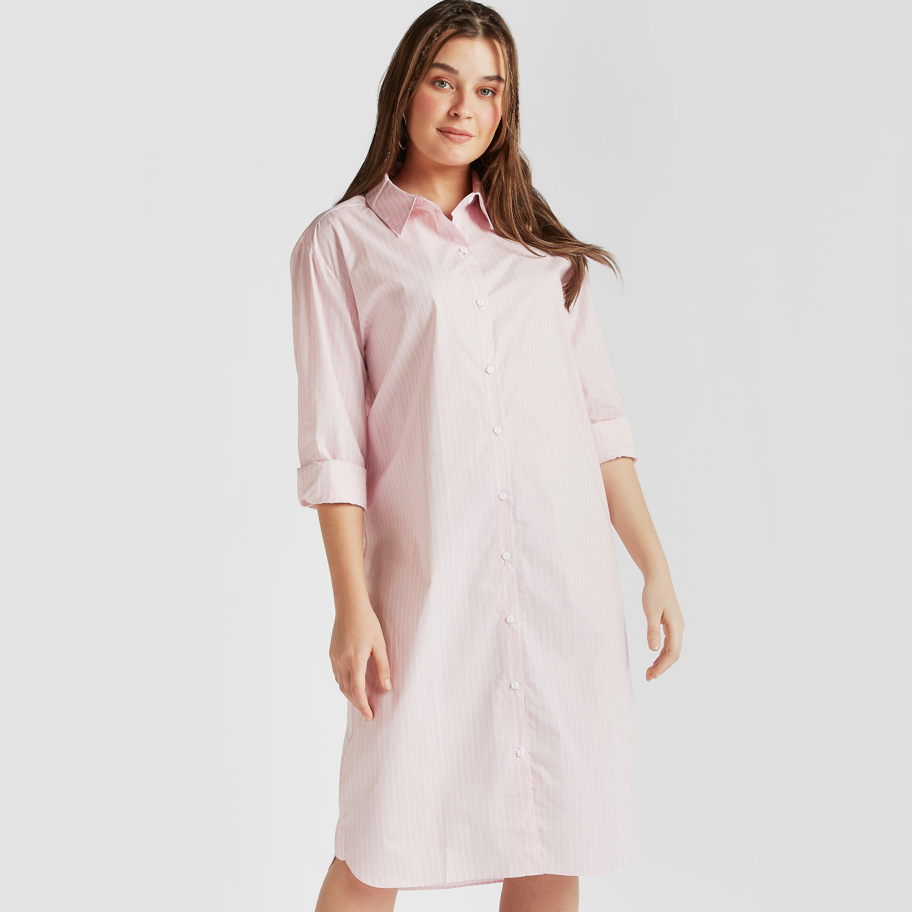 فستان قميص مقلّم بتصميم ميكي ماوس وأكمام طويلة-women-clothing-dresses-image-1