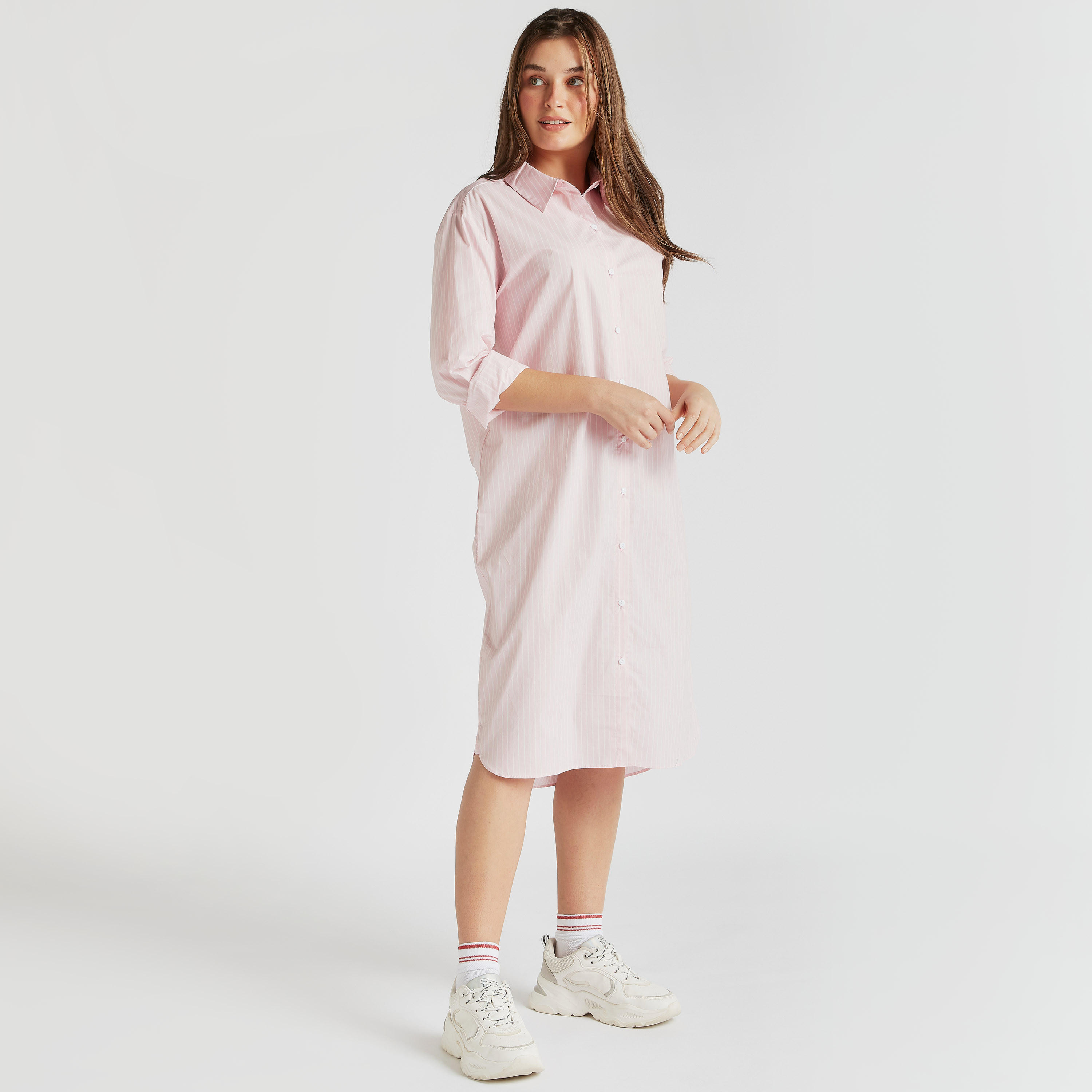 فستان قميص مقلّم بتصميم ميكي ماوس وأكمام طويلة-women-clothing-dresses-image-2