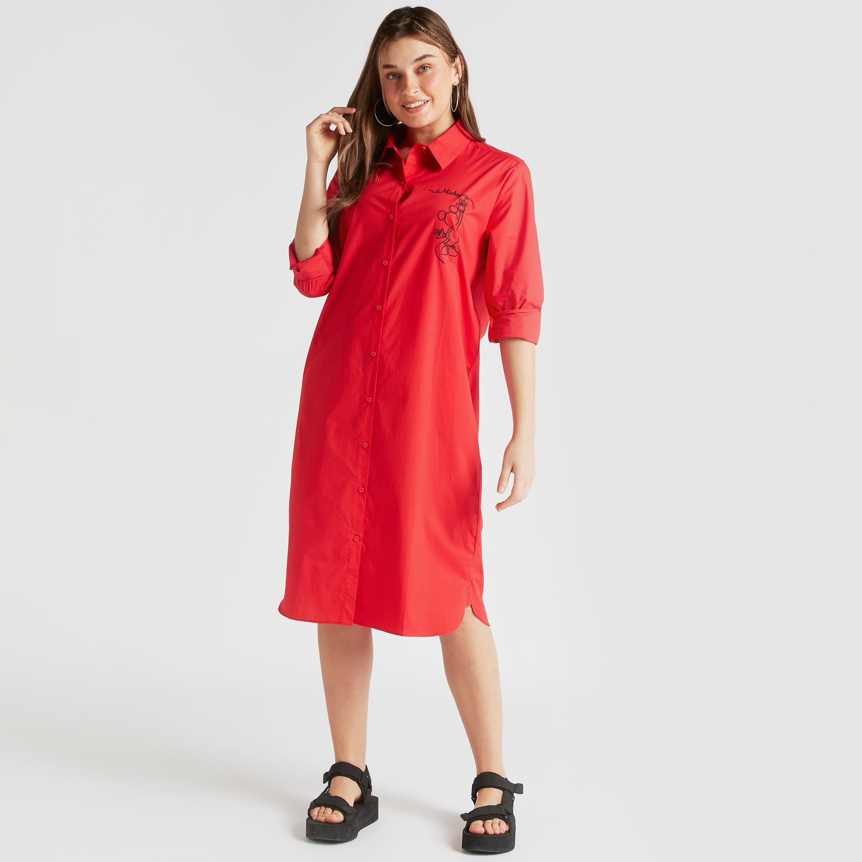 فستان قميص ميدي بتطريز ميكي ماوس وأكمام طويلة-women-clothing-dresses-image-1
