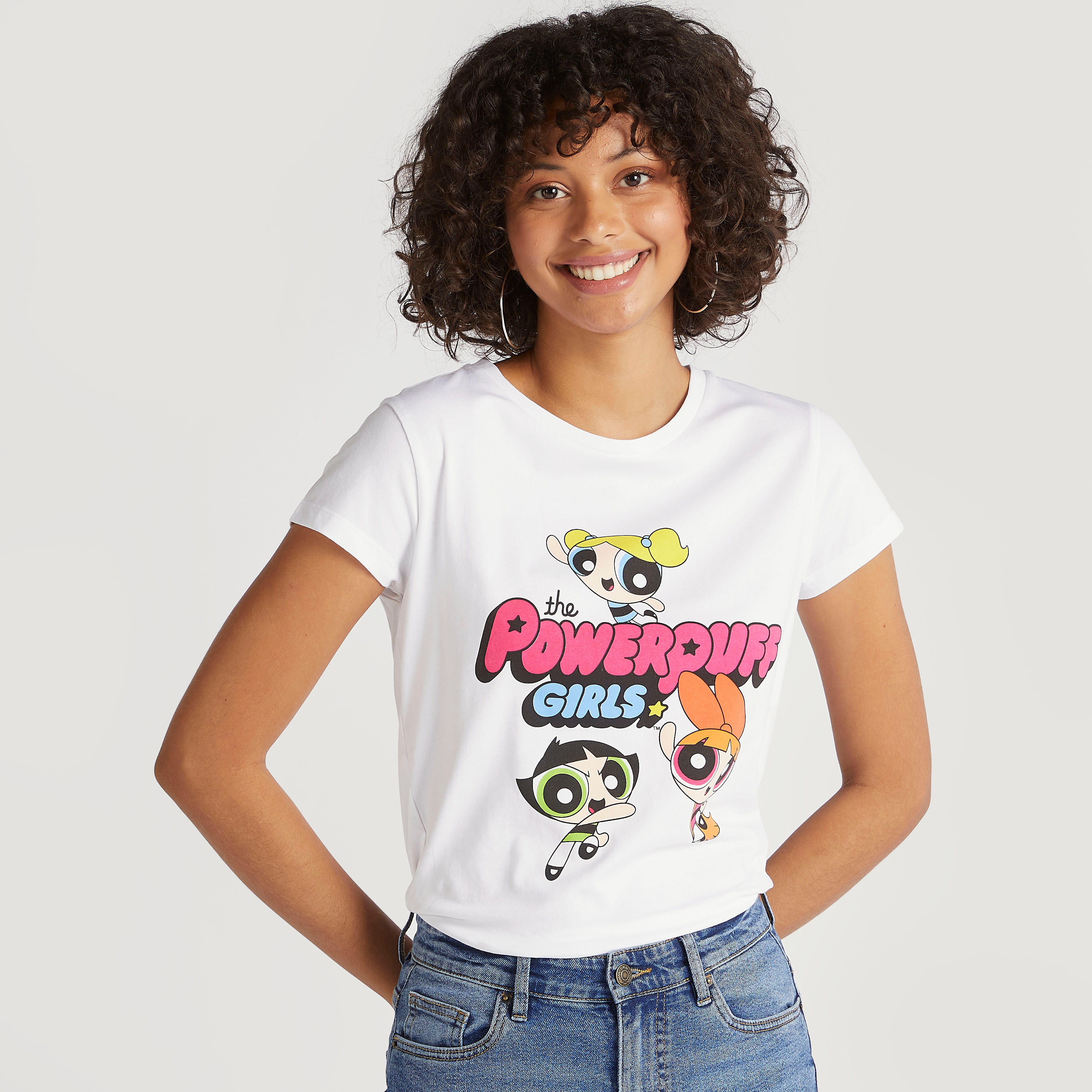 تيشيرت بأكمام كاب وياقة ضيّقة وطبعات باور باف جيرلز-women-clothing-tshirts-image-1