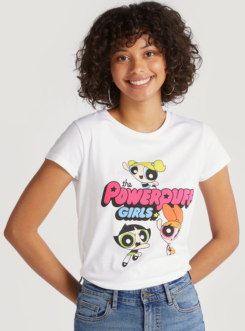 تيشيرت بأكمام كاب وياقة ضيّقة وطبعات باور باف جيرلز-women-clothing-tshirts-image-1