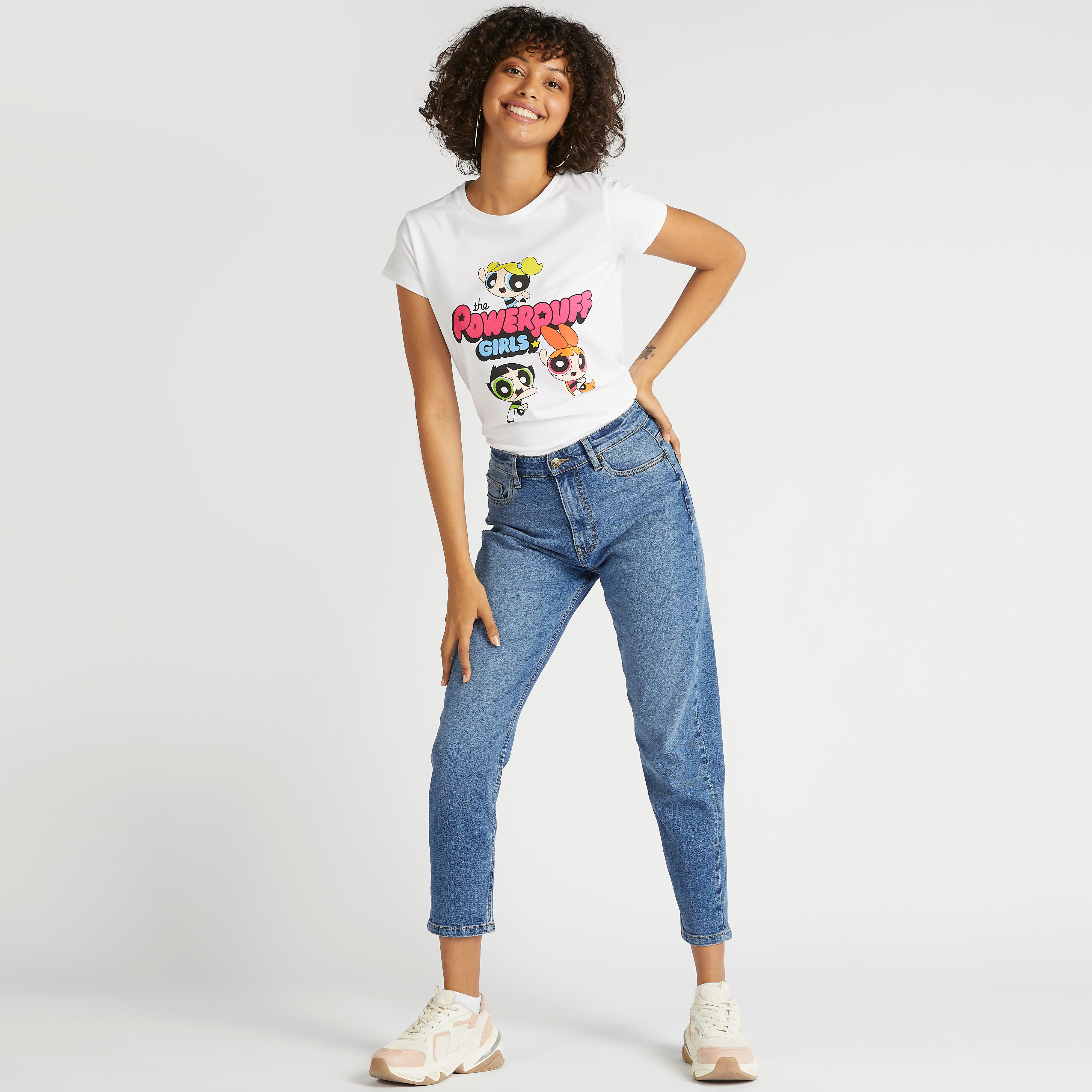 تيشيرت بأكمام كاب وياقة ضيّقة وطبعات باور باف جيرلز-women-clothing-tshirts-image-2