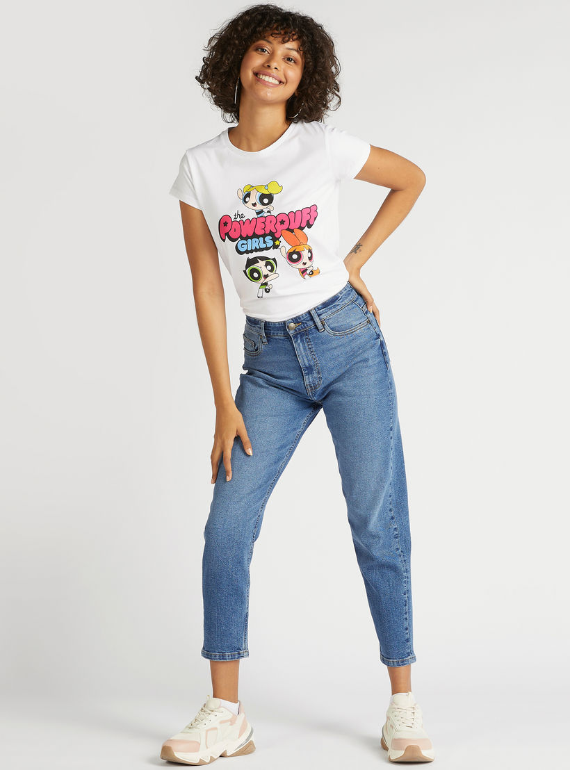 تيشيرت بأكمام كاب وياقة ضيّقة وطبعات باور باف جيرلز-women-clothing-tshirts-image-2