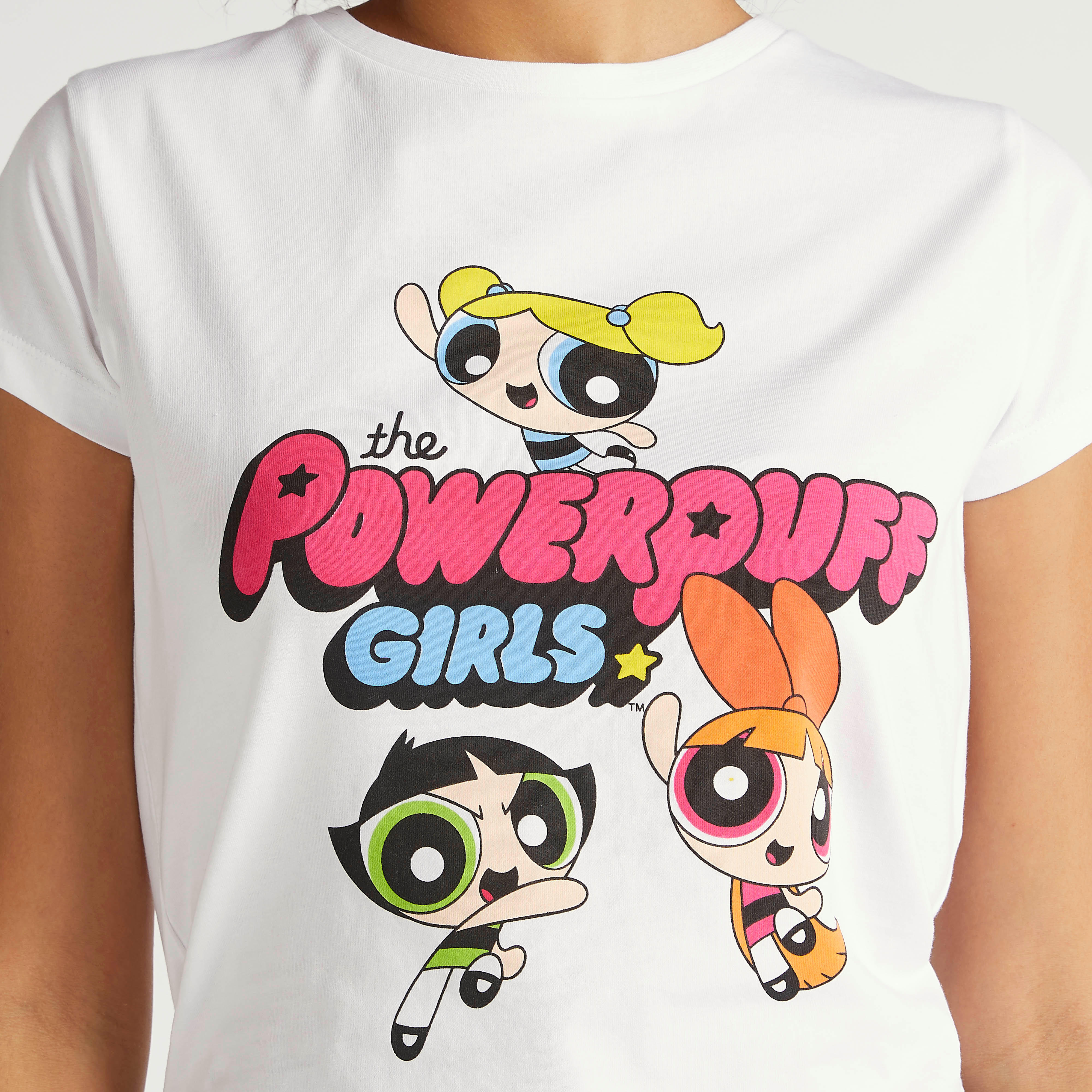 تيشيرت بأكمام كاب وياقة ضيّقة وطبعات باور باف جيرلز-women-clothing-tshirts-image-3