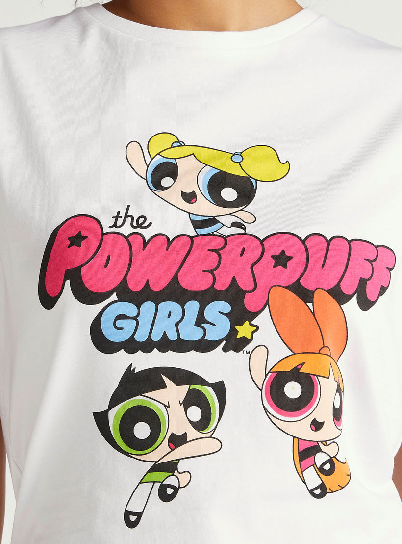 تيشيرت بأكمام كاب وياقة ضيّقة وطبعات باور باف جيرلز-women-clothing-tshirts-image-3