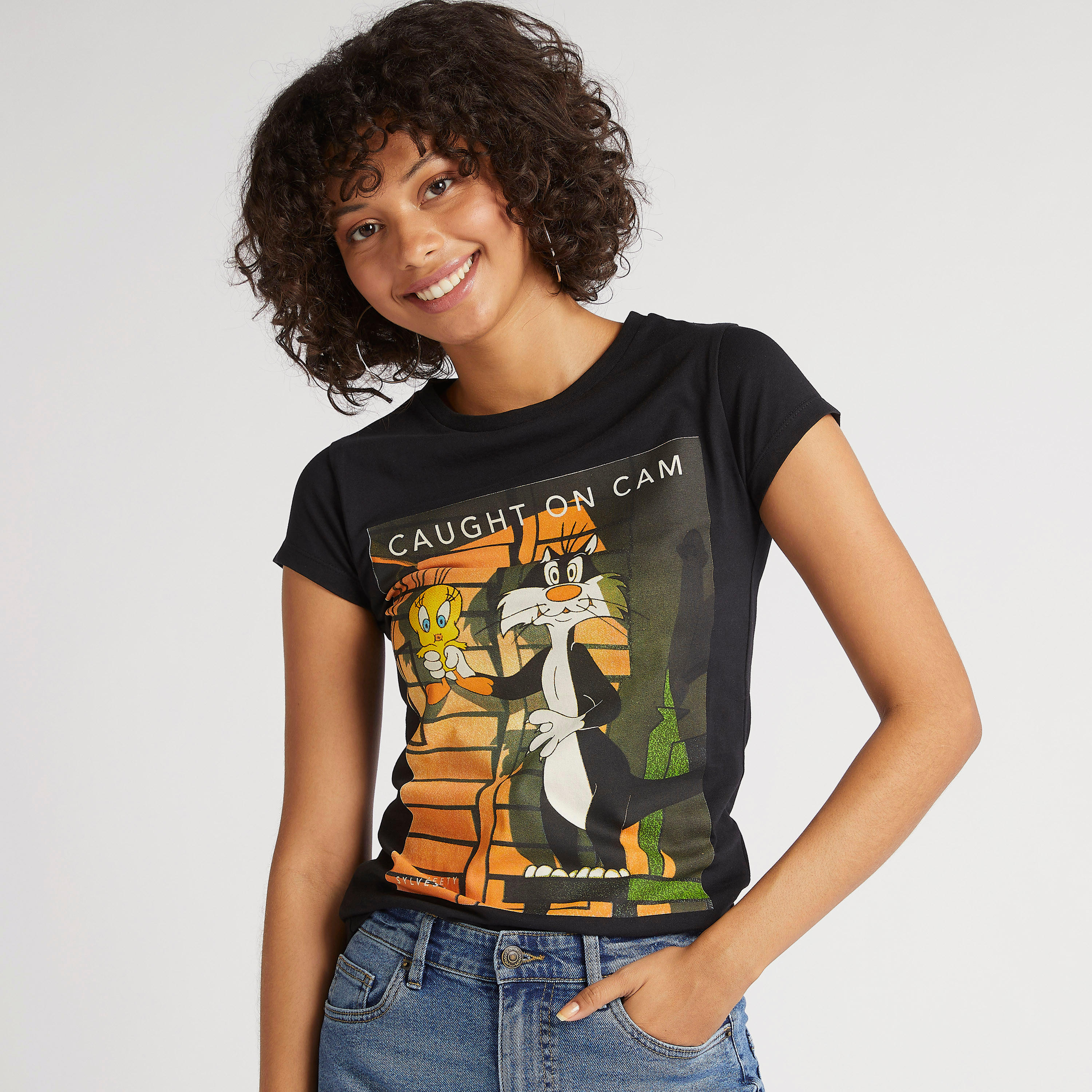 Tweety and Sylvester Print Crew Neck T-shirt with Cap Sleeves-women-clothing-tshirts-image-1