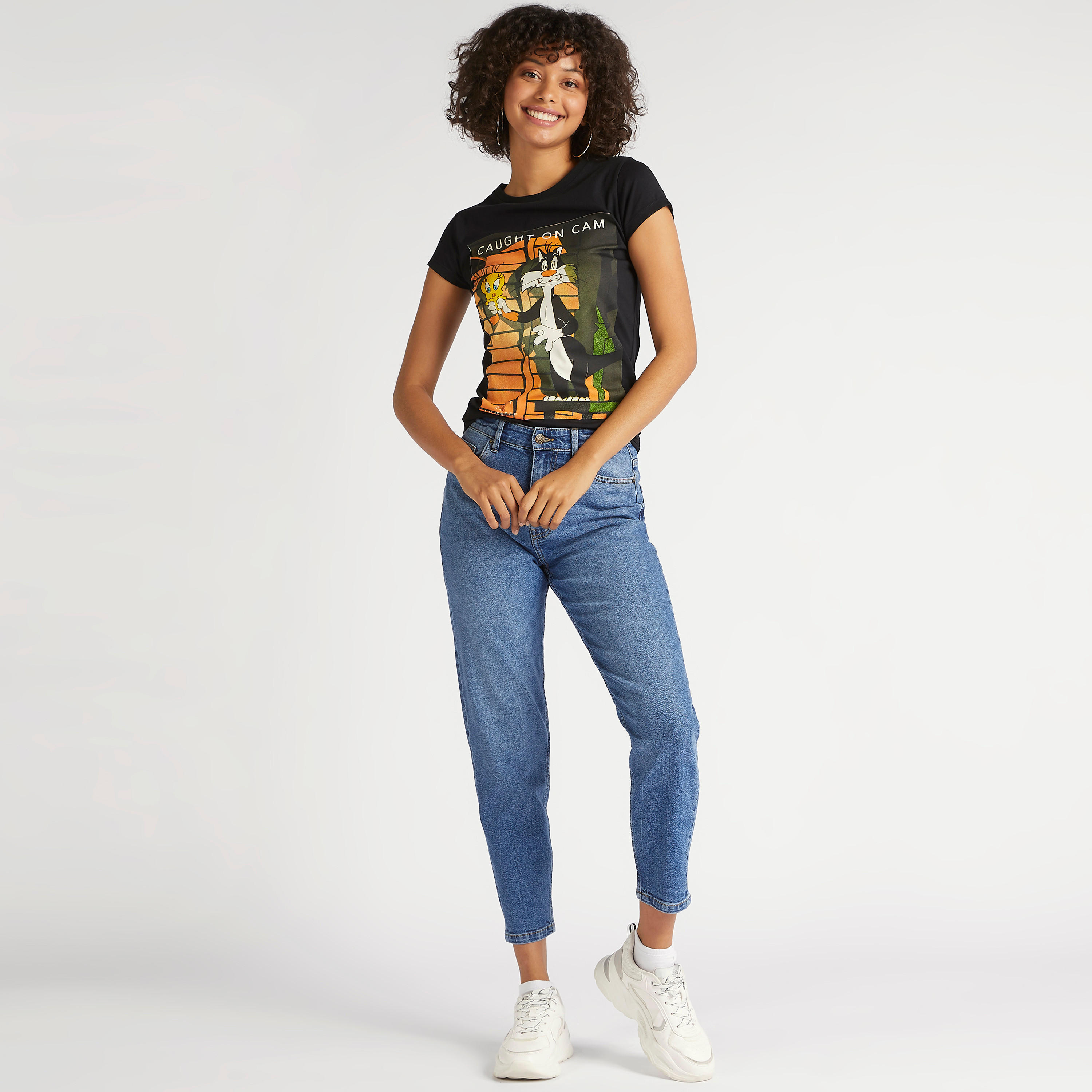 Tweety and Sylvester Print Crew Neck T-shirt with Cap Sleeves-women-clothing-tshirts-image-2