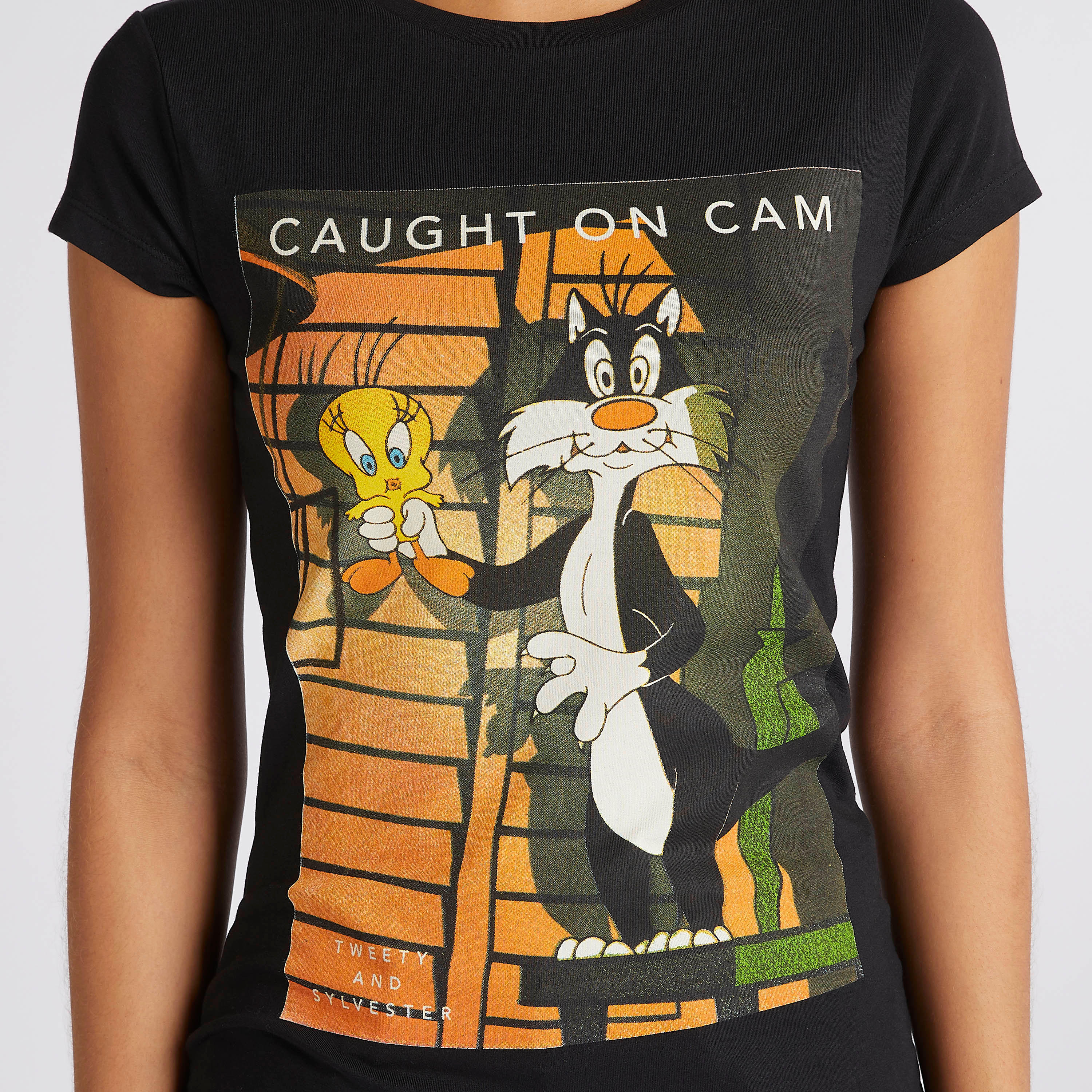 Tweety and Sylvester Print Crew Neck T-shirt with Cap Sleeves-women-clothing-tshirts-image-5