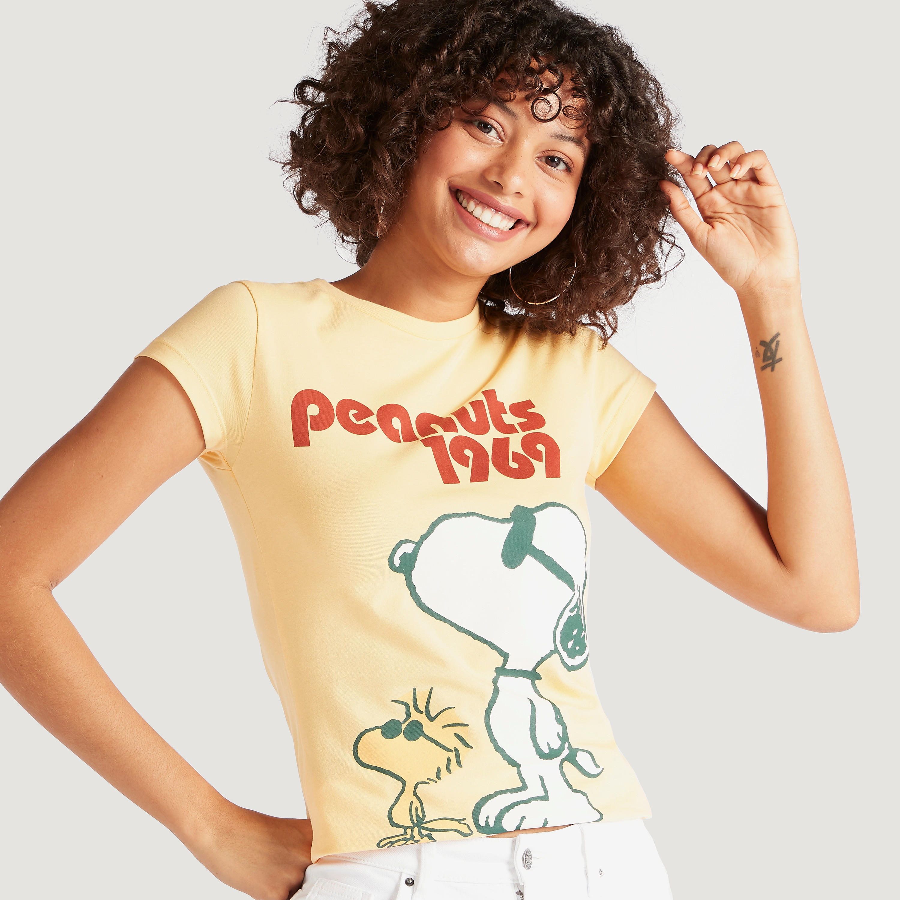 Peanuts Print T-shirt with Cap Sleeves and Crew Neck-women-clothing-tshirts-image-1