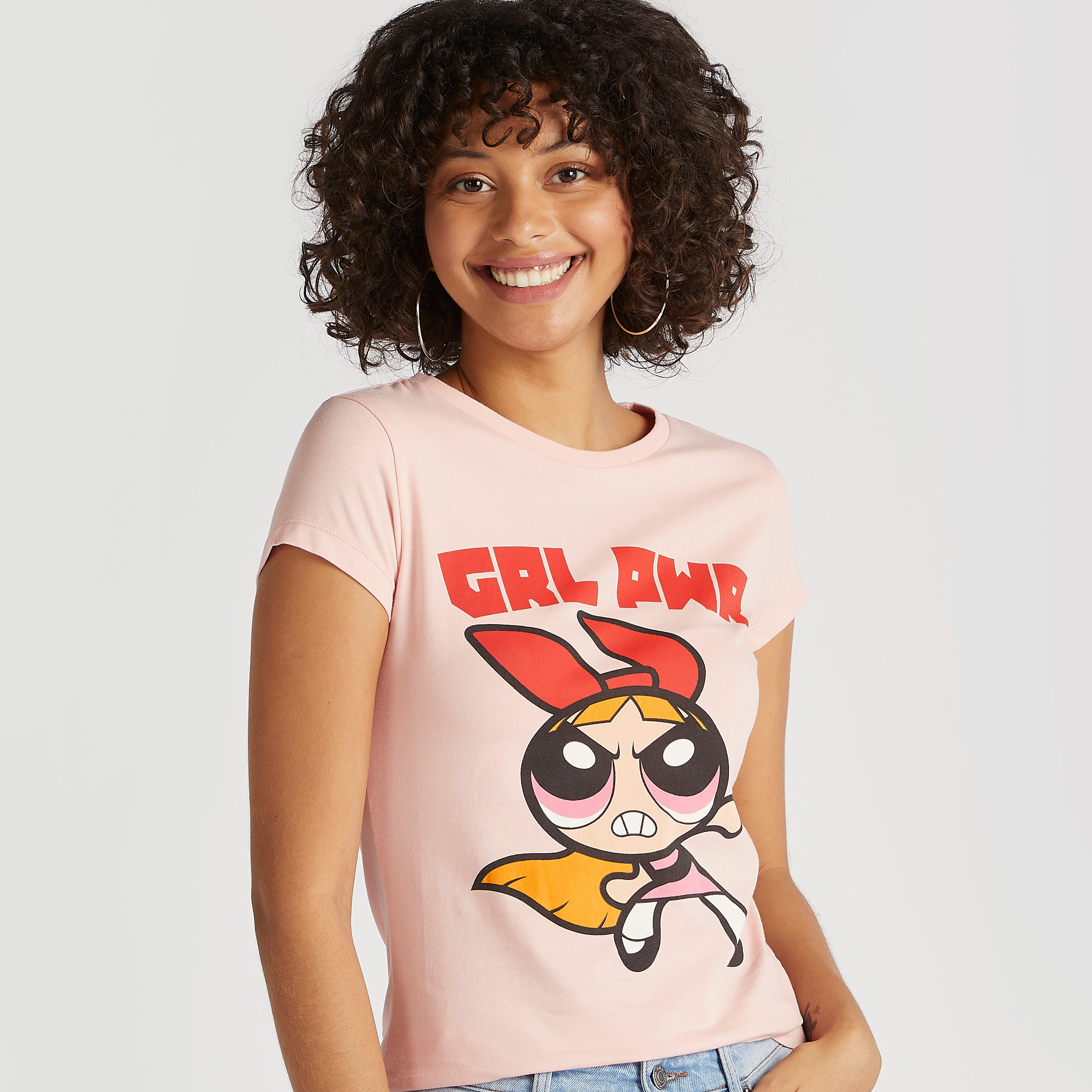 تيشيرت بأكمام كاب وياقة ضيّقة وطبعات باور باف جيرلز-women-clothing-tshirts-image-1