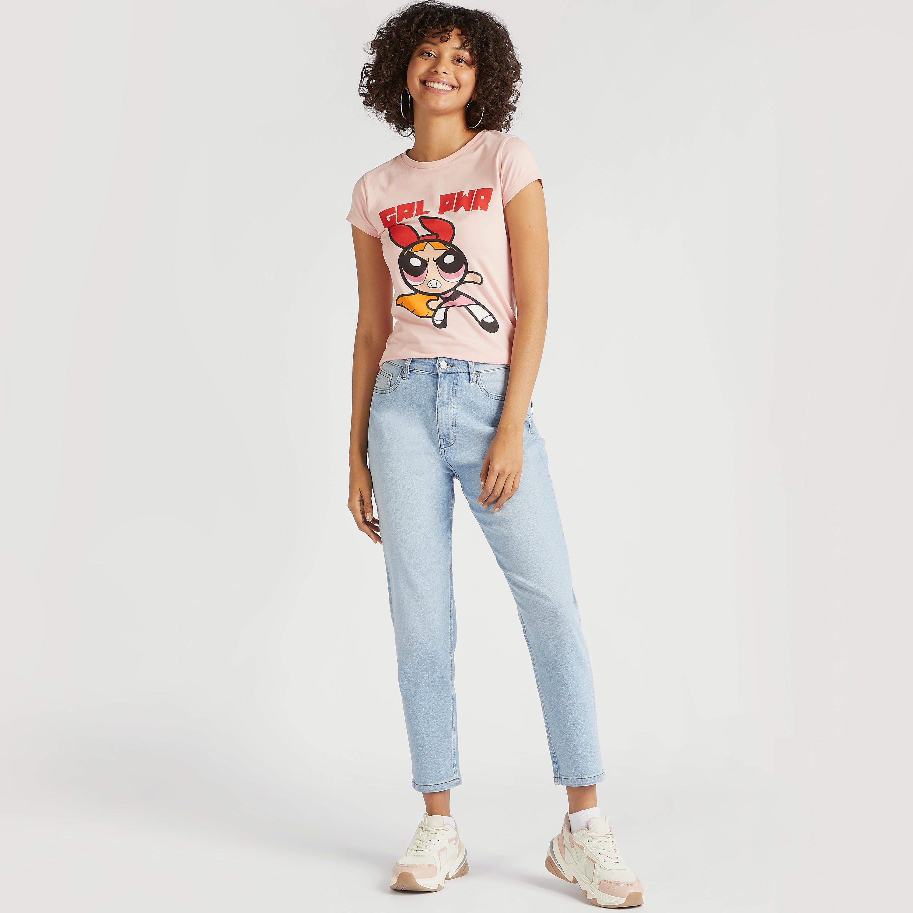 تيشيرت بأكمام كاب وياقة ضيّقة وطبعات باور باف جيرلز-women-clothing-tshirts-image-2