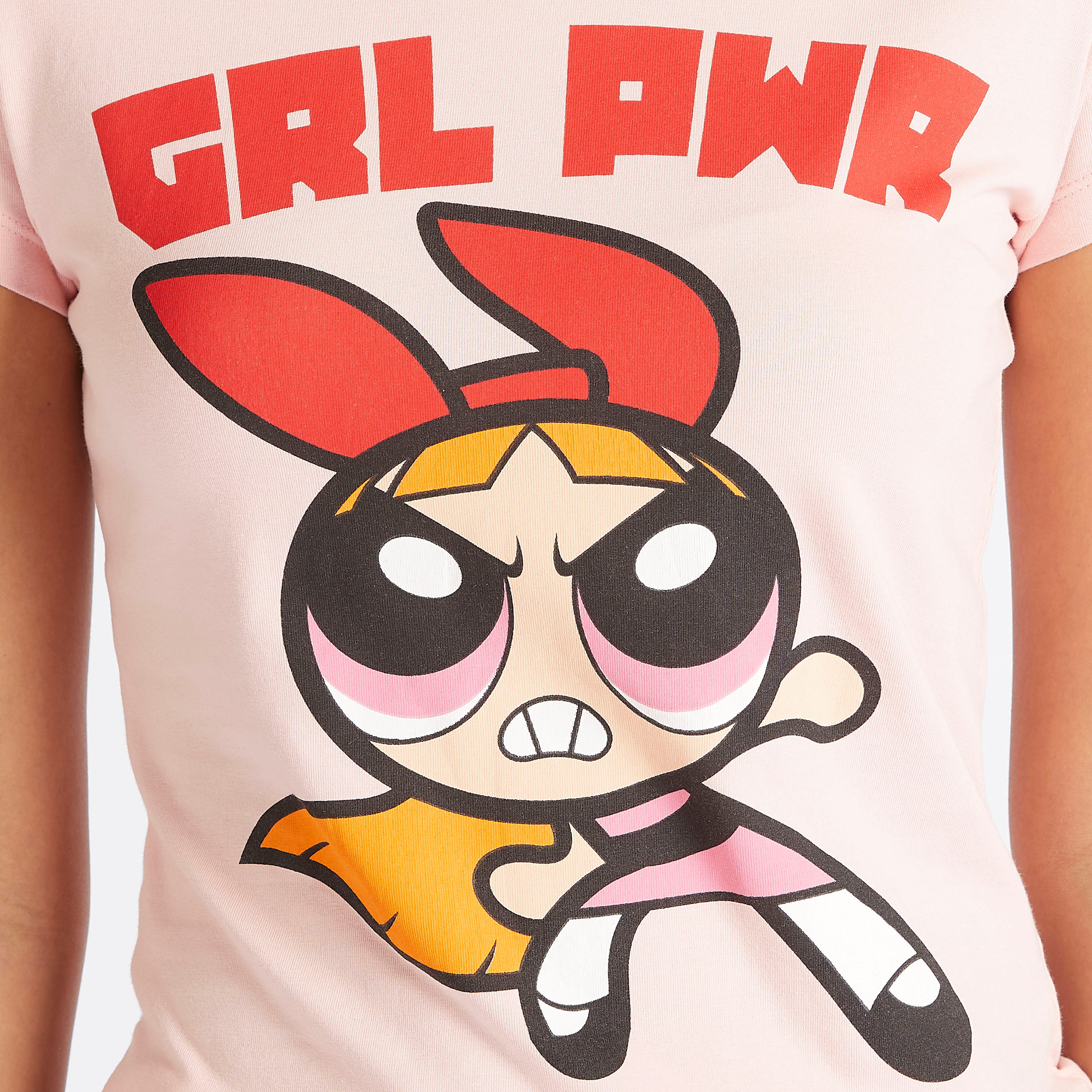 تيشيرت بأكمام كاب وياقة ضيّقة وطبعات باور باف جيرلز-women-clothing-tshirts-image-3