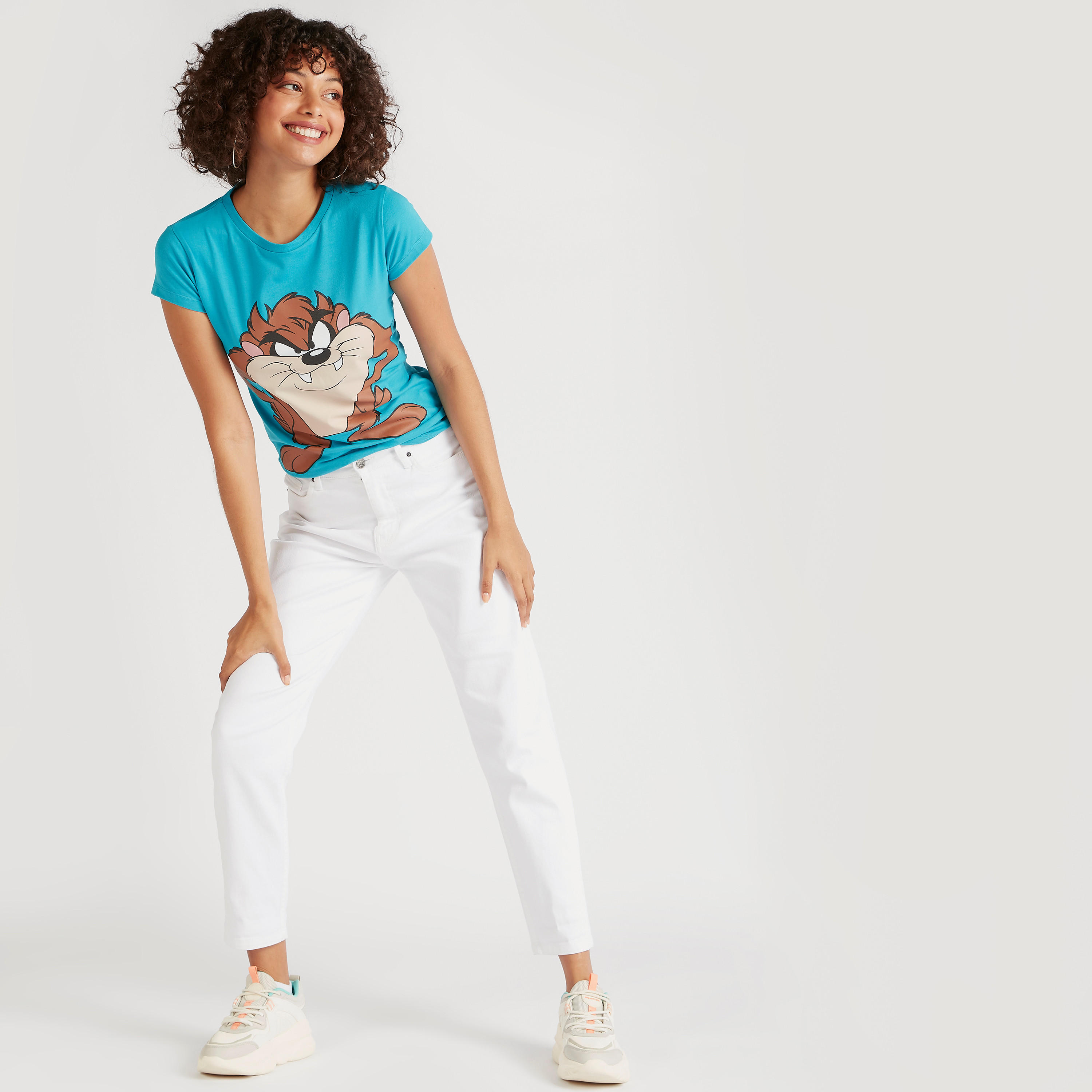 تيشيرت بياقة ضيقة وأكمام كاب وطبعات لوني تيونر-women-clothing-tshirts-image-2