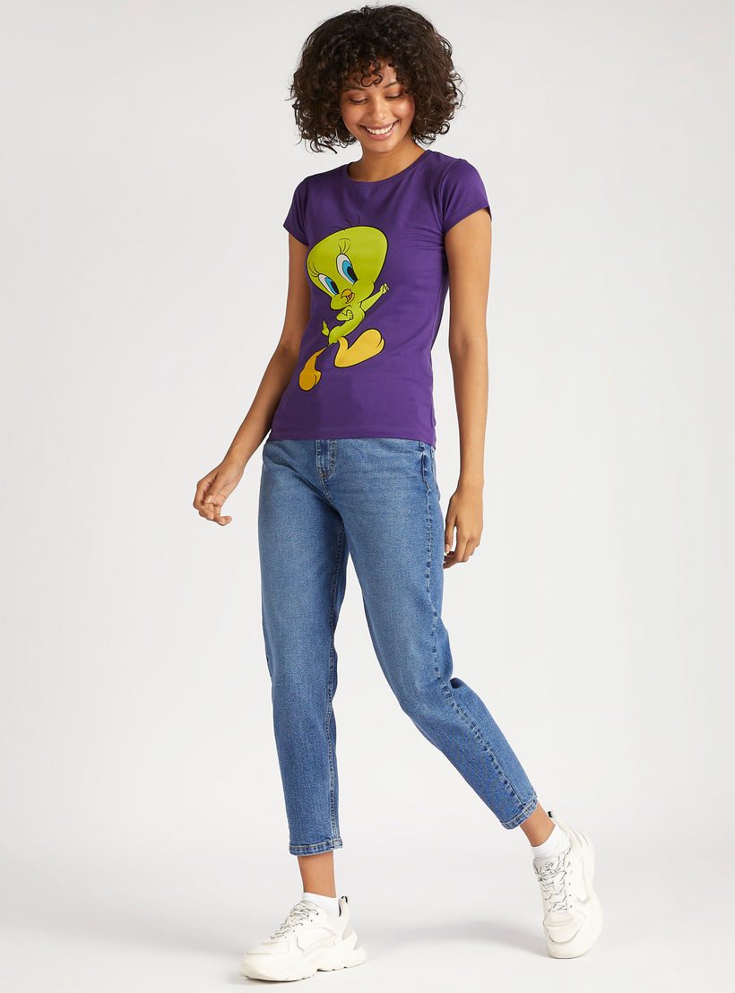 Tweety Print T-shirt with Crew Neck -women-clothing-tshirts-image-2
