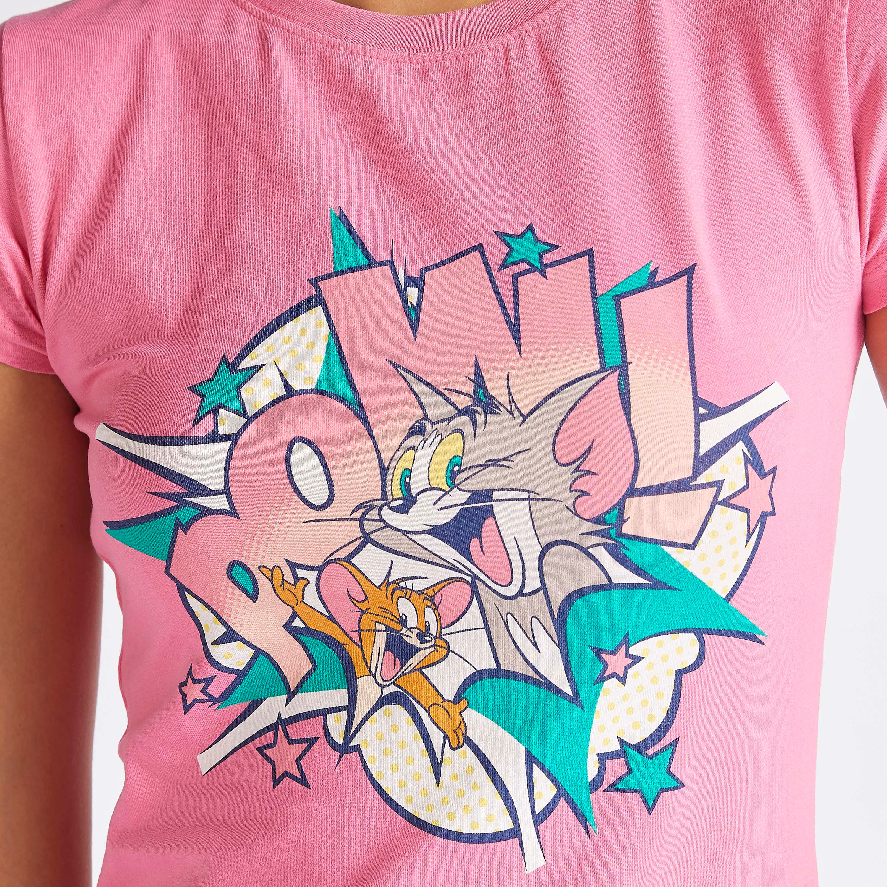 تيشيرت بياقة ضيّقة وأكمام كاب وطبعات توم وجيري-women-clothing-tshirts-image-3