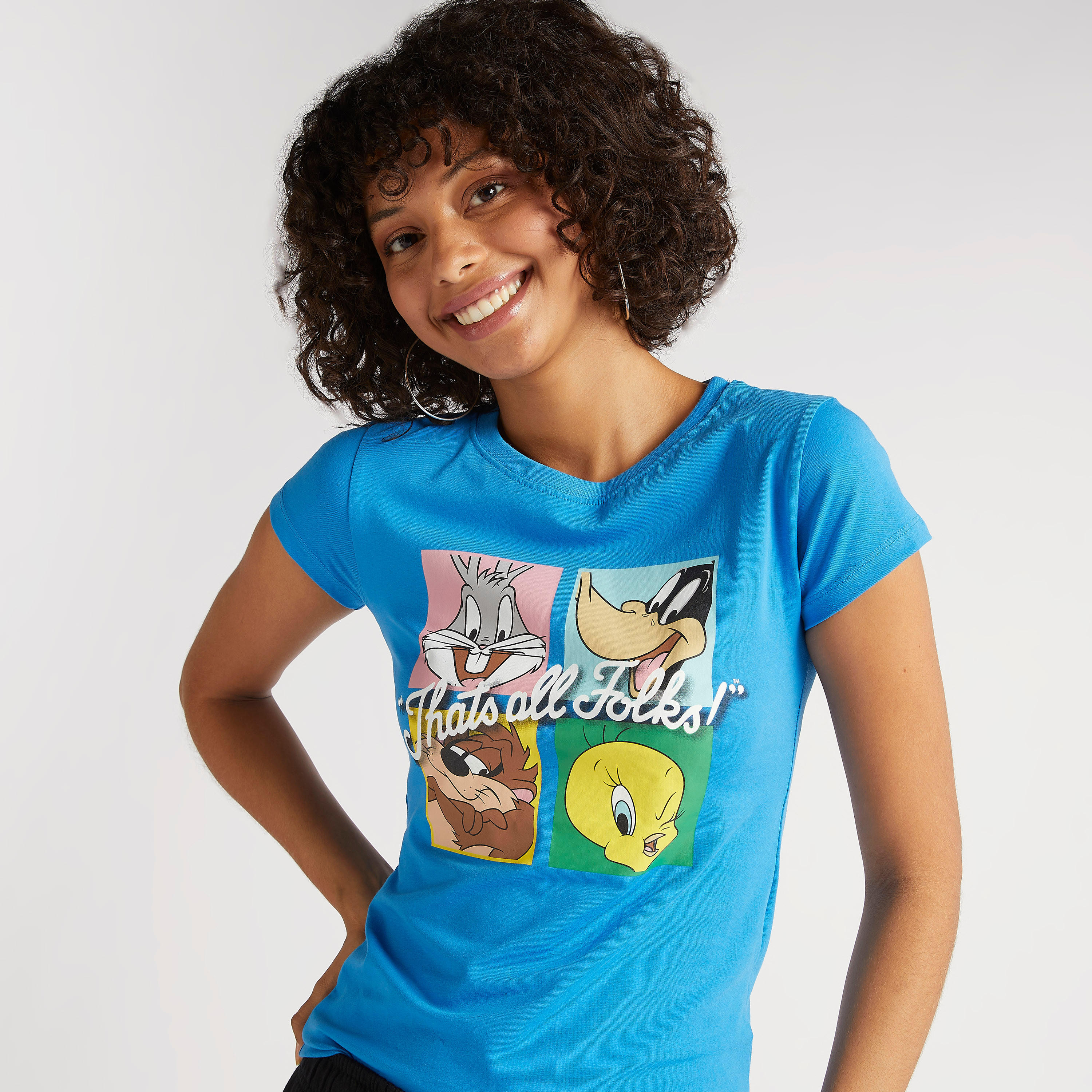 تيشيرت بياقة ضيقة وأكمام كاب وطبعات لوني تيونر-women-clothing-tshirts-image-1