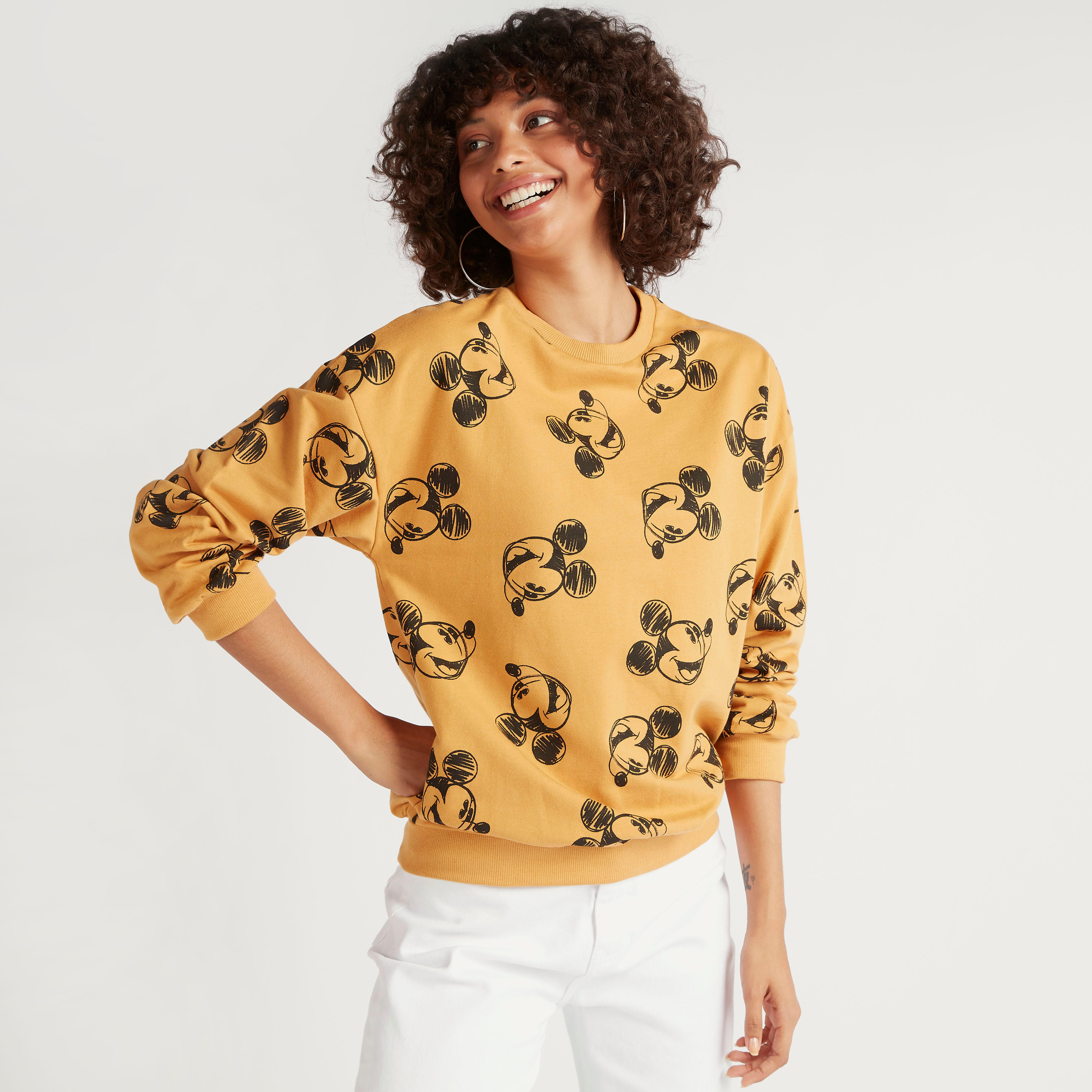 Mickey Mouse Print Sweatshirt with Crew Neck and Long Sleeves-women-winterwear-hoodiesandsweatshirts-sweatshirts-image-1