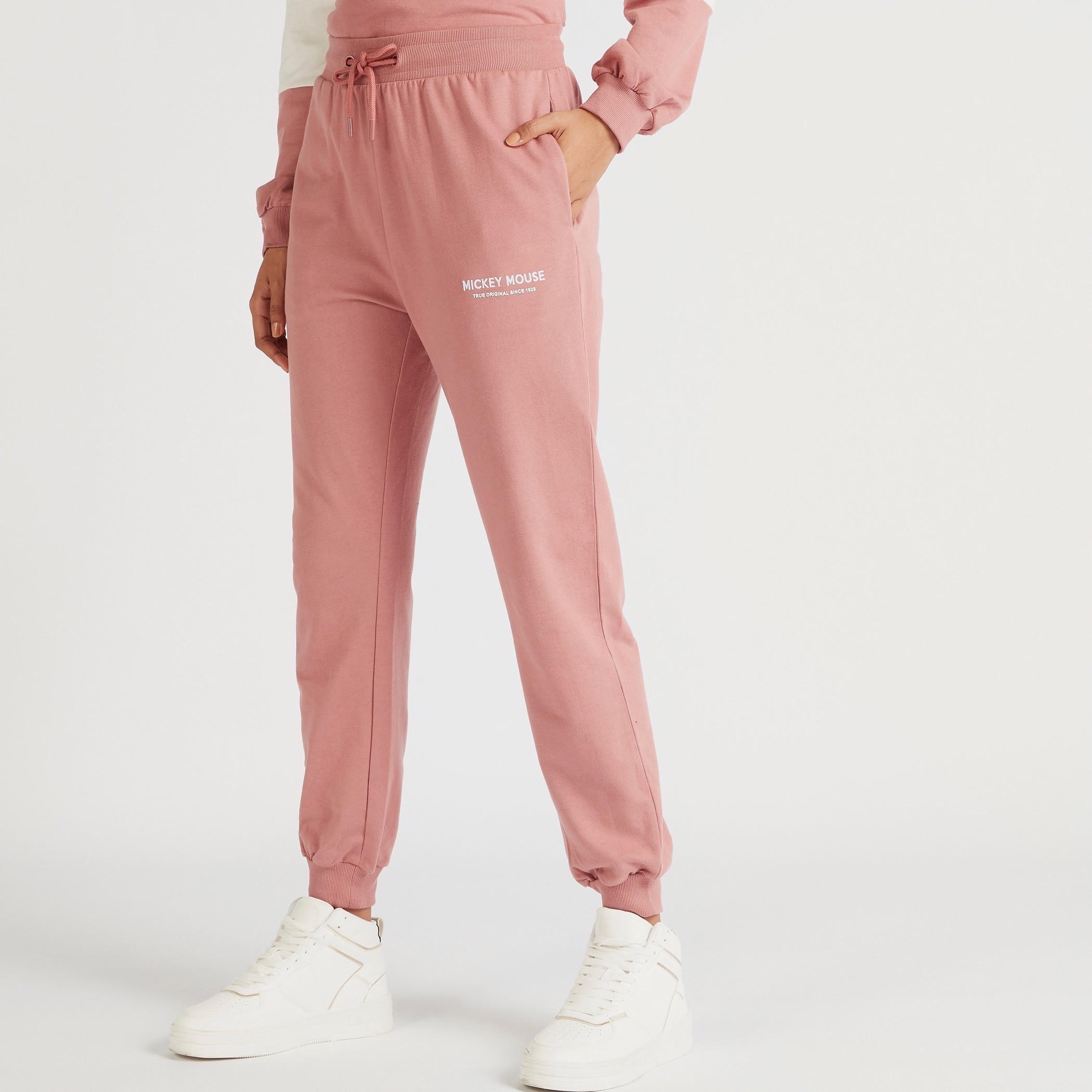 Mickey Mouse Text Detailed Mid-Rise Joggers with Pockets-women-clothing-bottoms-joggers-image-1