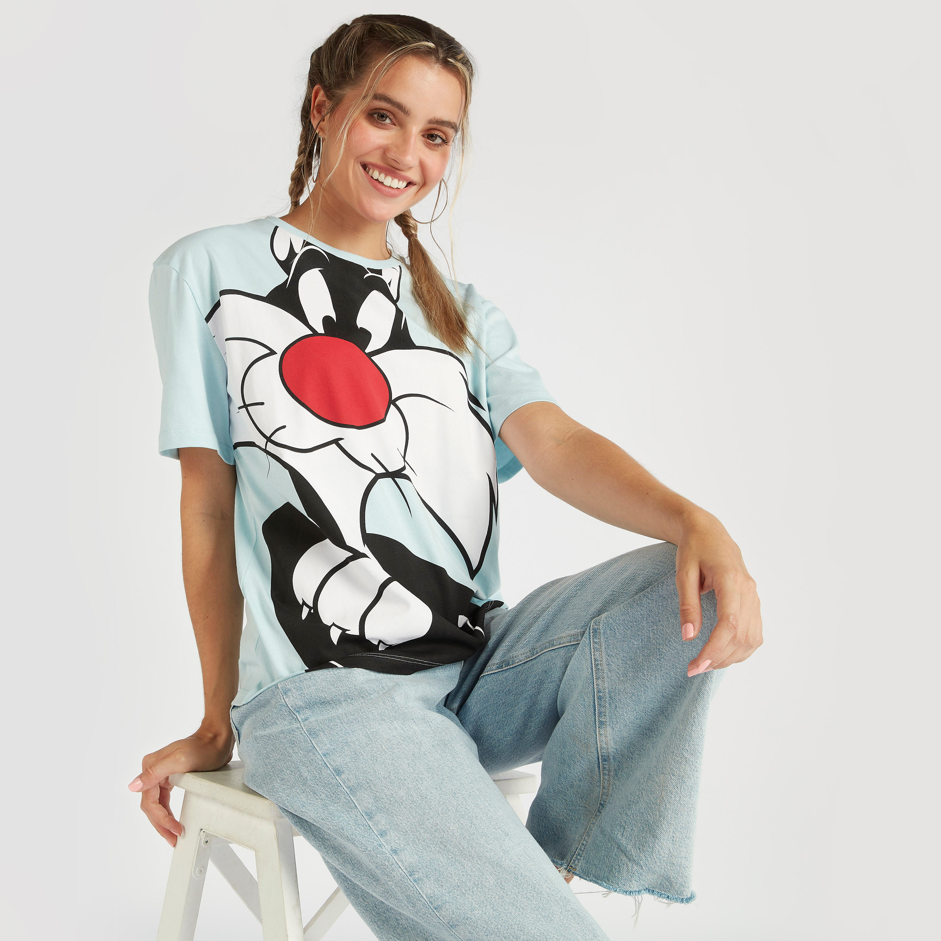 Sylvester The Cat Print T-shirt with Crew Neck and Short Sleeves-women-clothing-tshirts-image-1