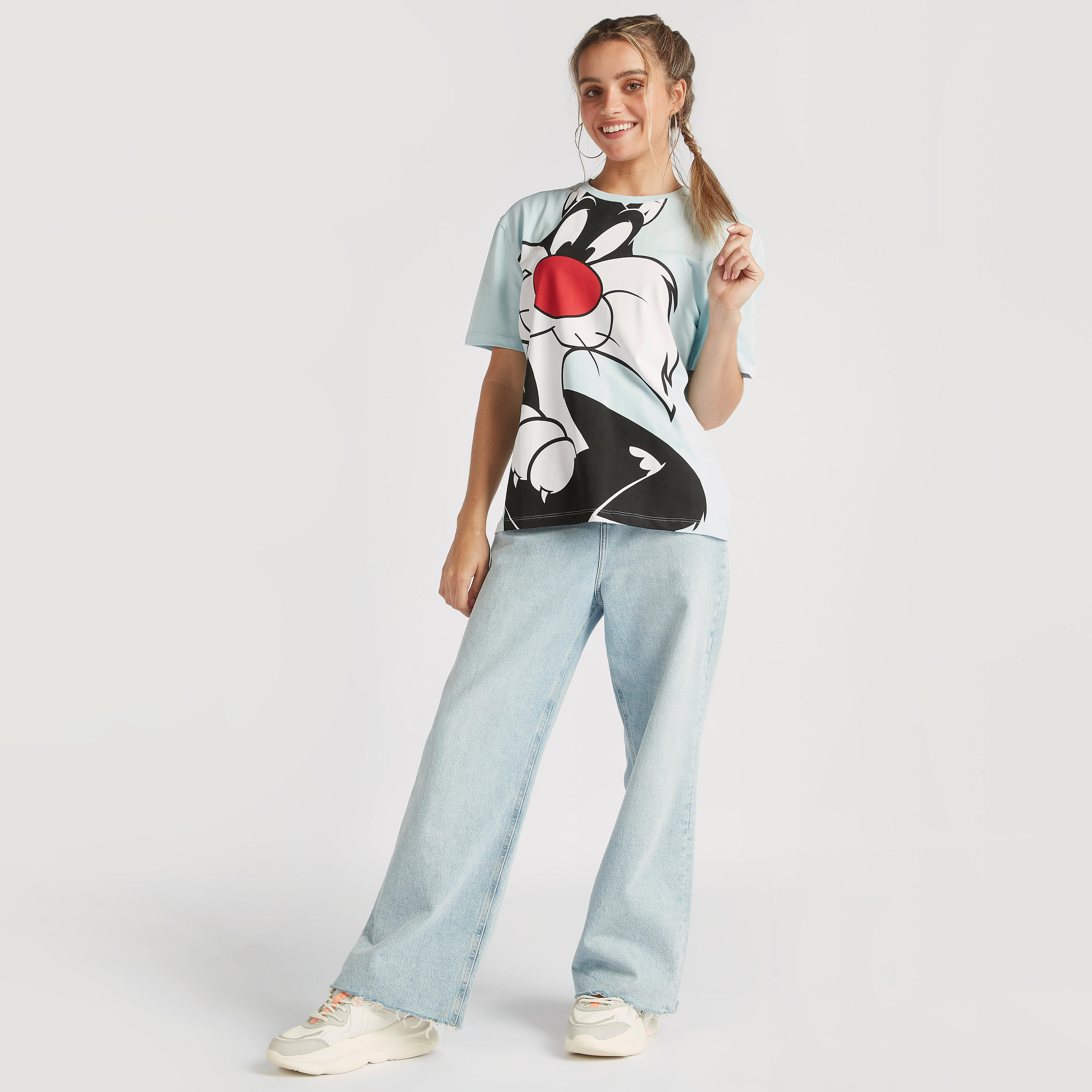 Sylvester The Cat Print T-shirt with Crew Neck and Short Sleeves-women-clothing-tshirts-image-2