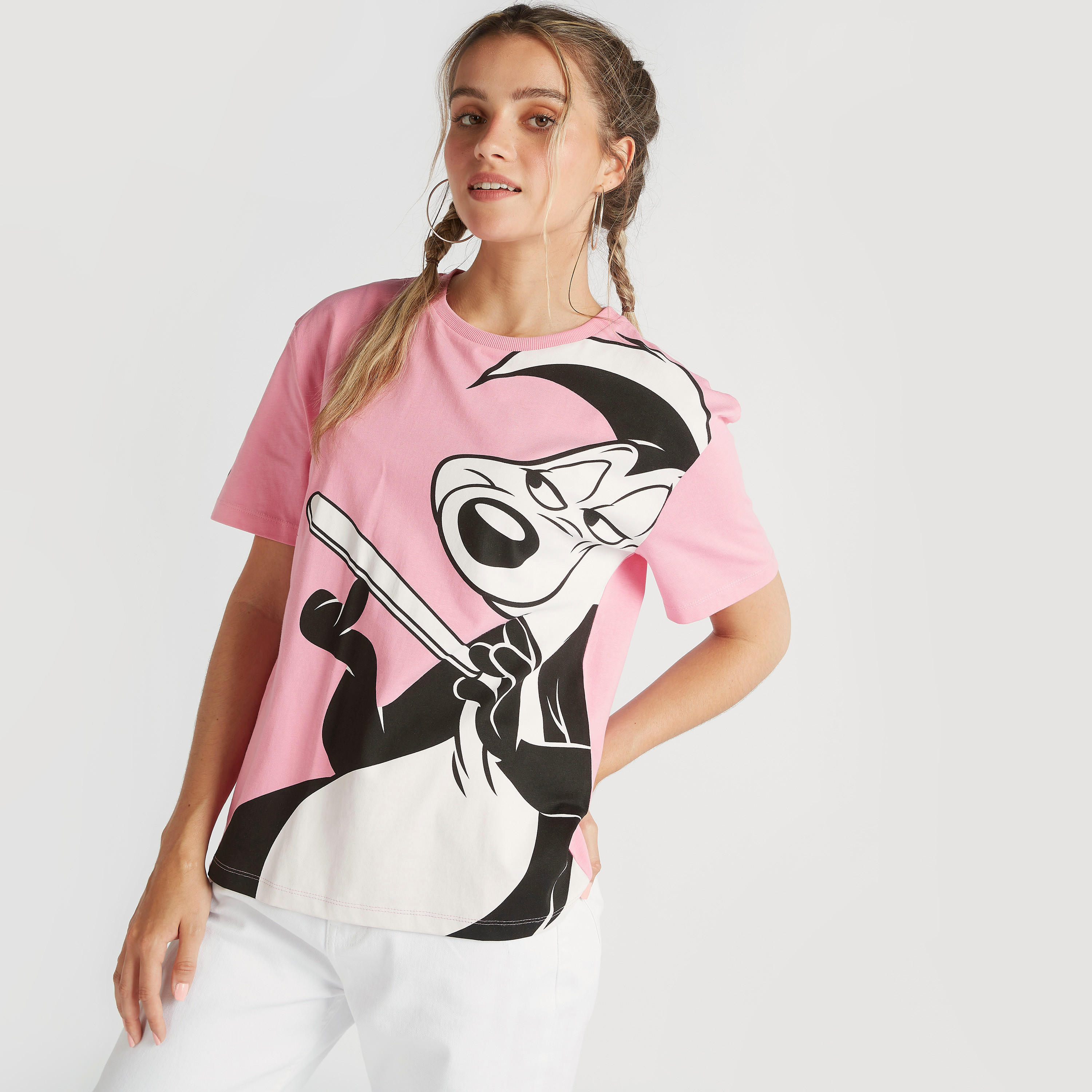 تيشيرت بياقة ضيّقة وأكمام قصيرة وطبعات بيبي لي بيو-women-clothing-tshirts-image-1