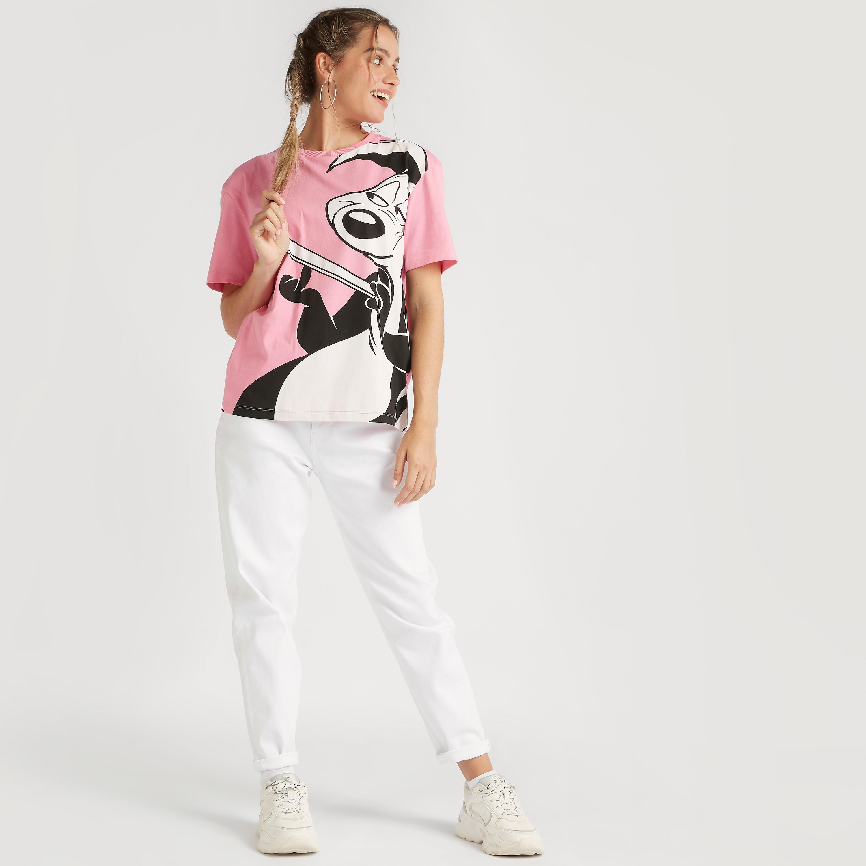 تيشيرت بياقة ضيّقة وأكمام قصيرة وطبعات بيبي لي بيو-women-clothing-tshirts-image-2