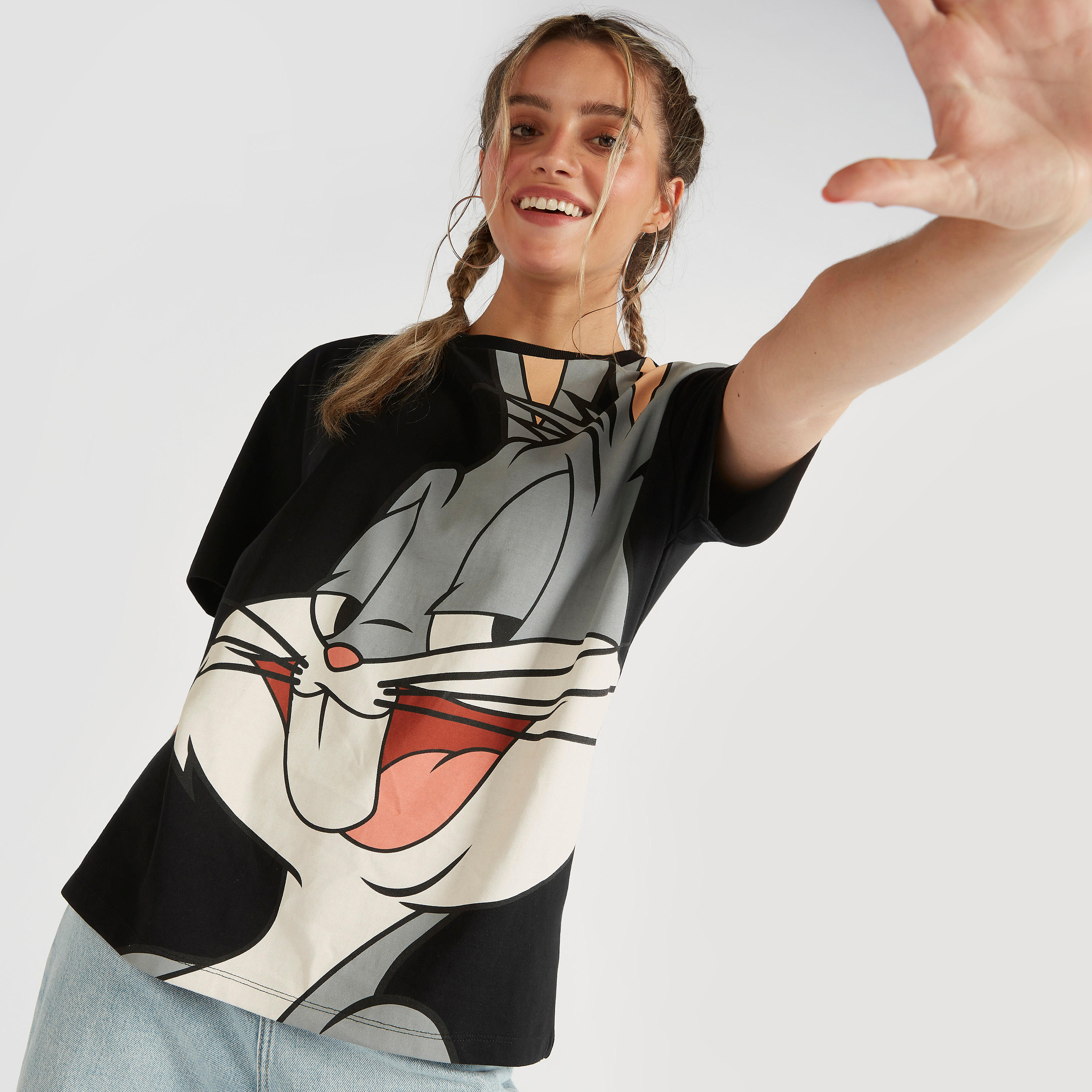 Bugs Bunny Print Crew Neck T-shirt with Short Sleeves-women-clothing-tshirts-image-1
