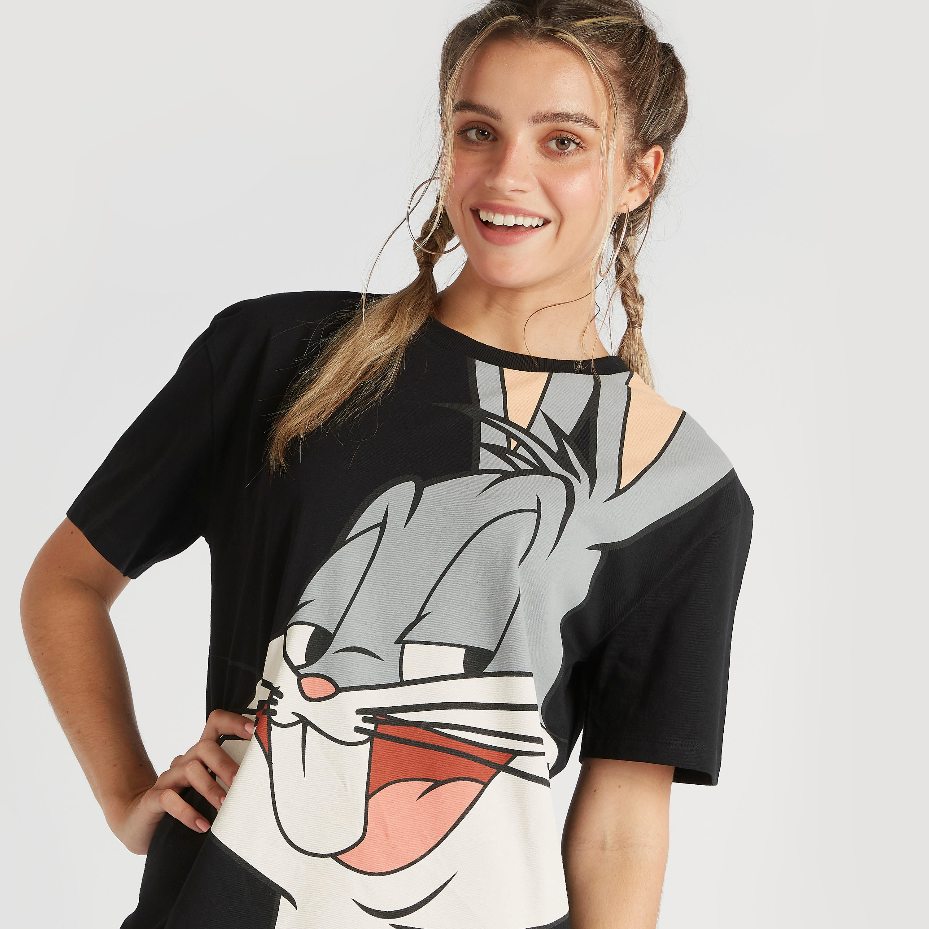 Bugs Bunny Print Crew Neck T-shirt with Short Sleeves-women-clothing-tshirts-image-3