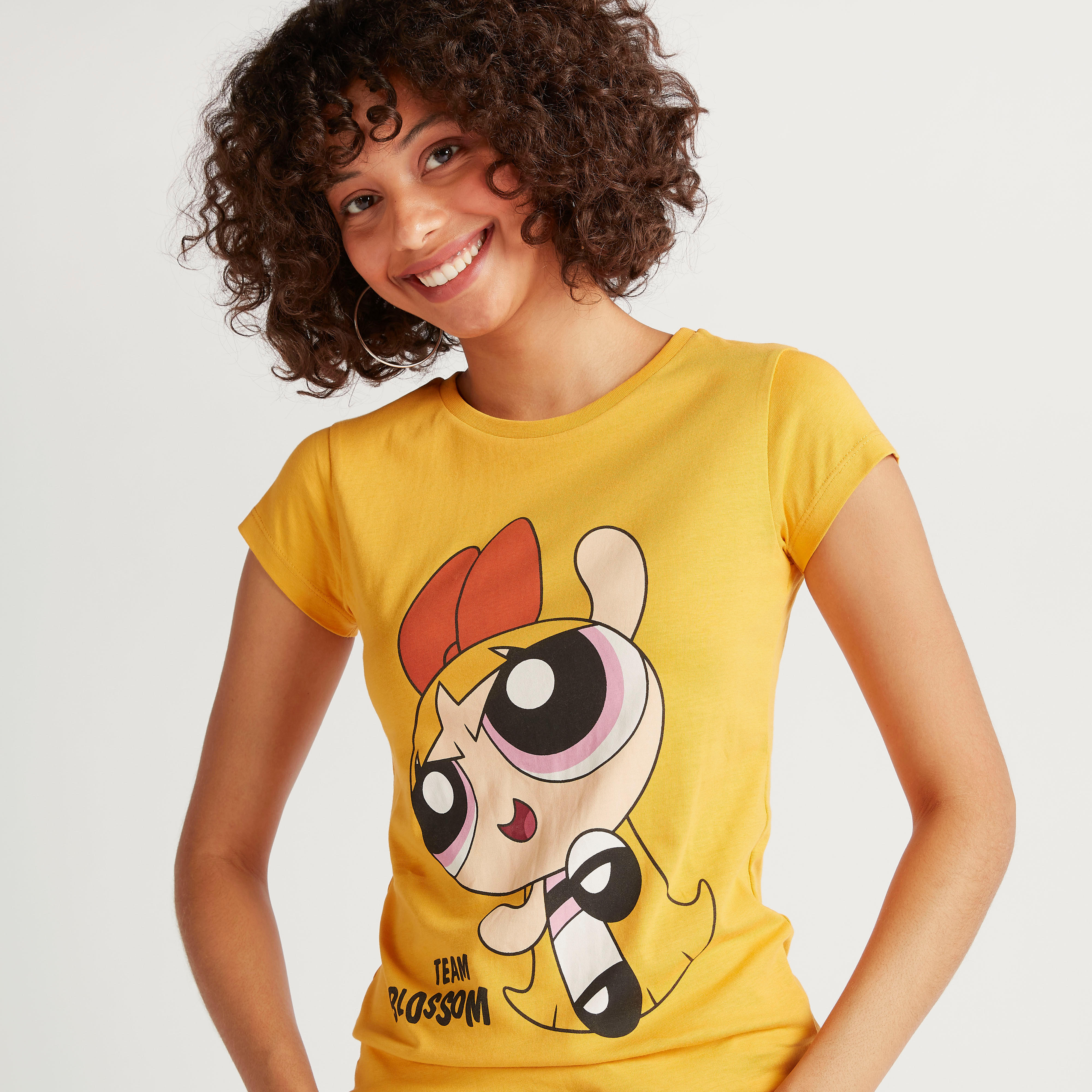 The PowerPuff Girls Print T-shirt with Cap Sleeves and Crew Neck-women-clothing-tshirts-image-1