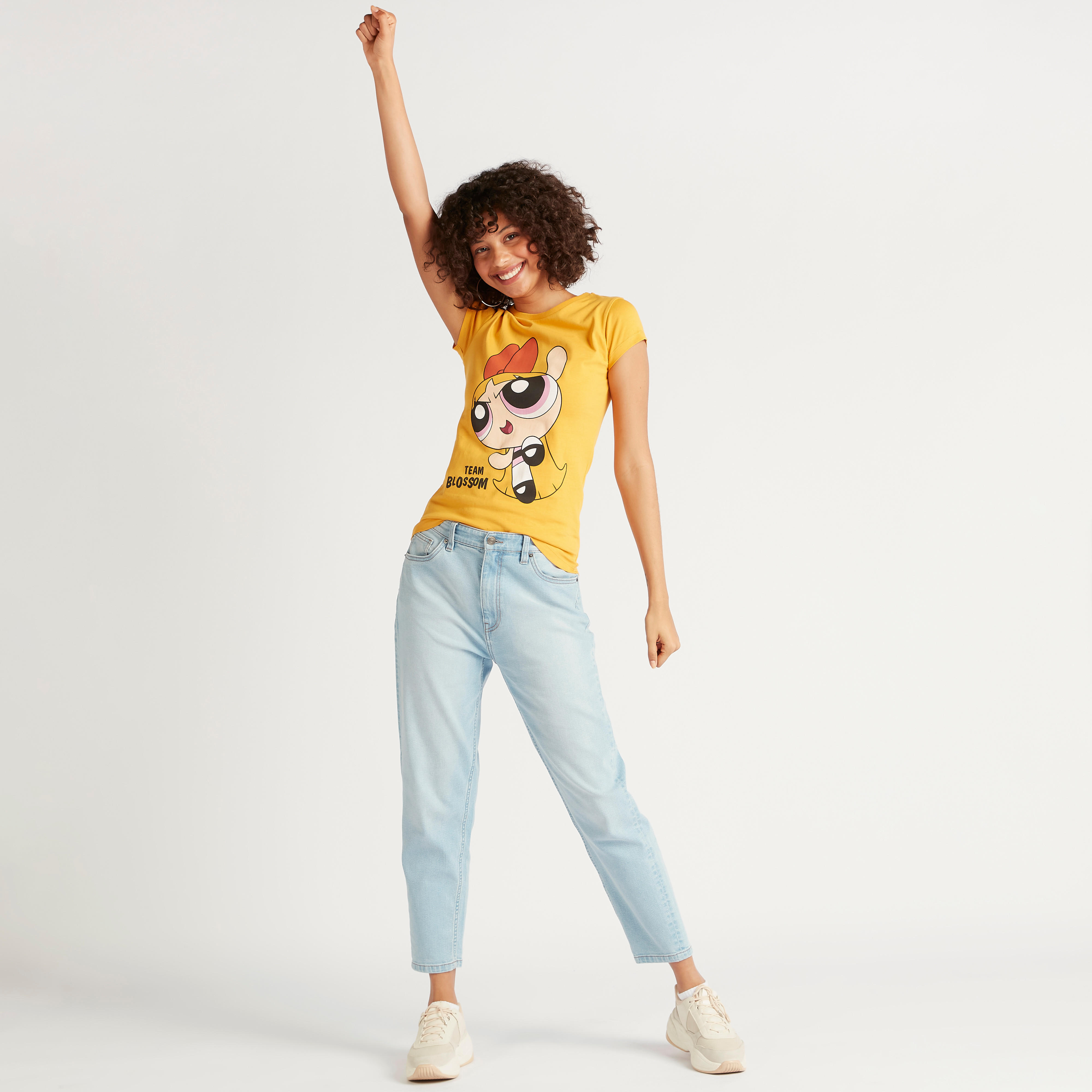 The PowerPuff Girls Print T-shirt with Cap Sleeves and Crew Neck-women-clothing-tshirts-image-2