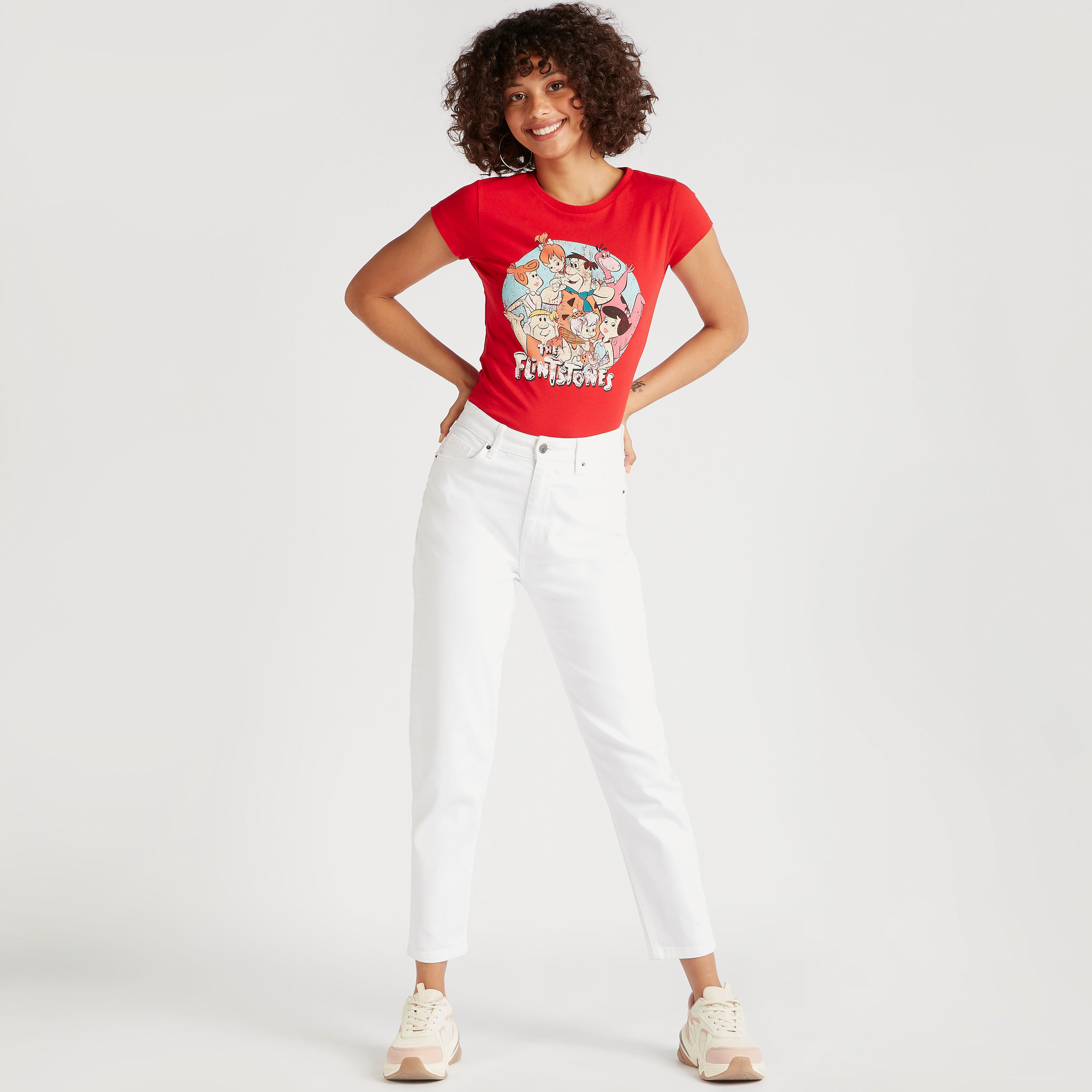 تيشيرت بياقة ضيّقة وأكمام كاب وطبعات ذي فلينستون-women-clothing-tshirts-image-2