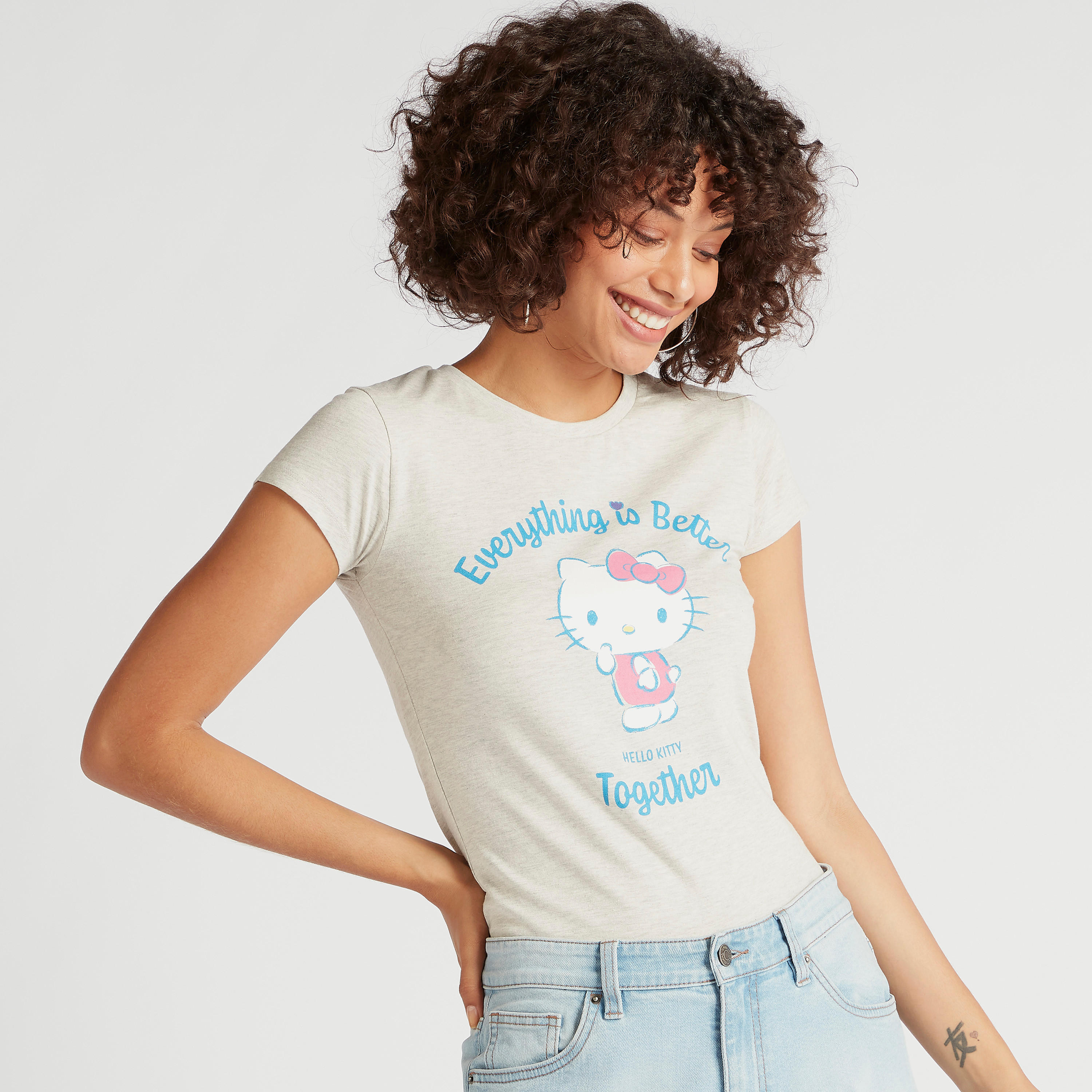 Hello Kitty Print T-shirt with Cap Sleeves and Crew Neck-women-clothing-tshirts-image-1