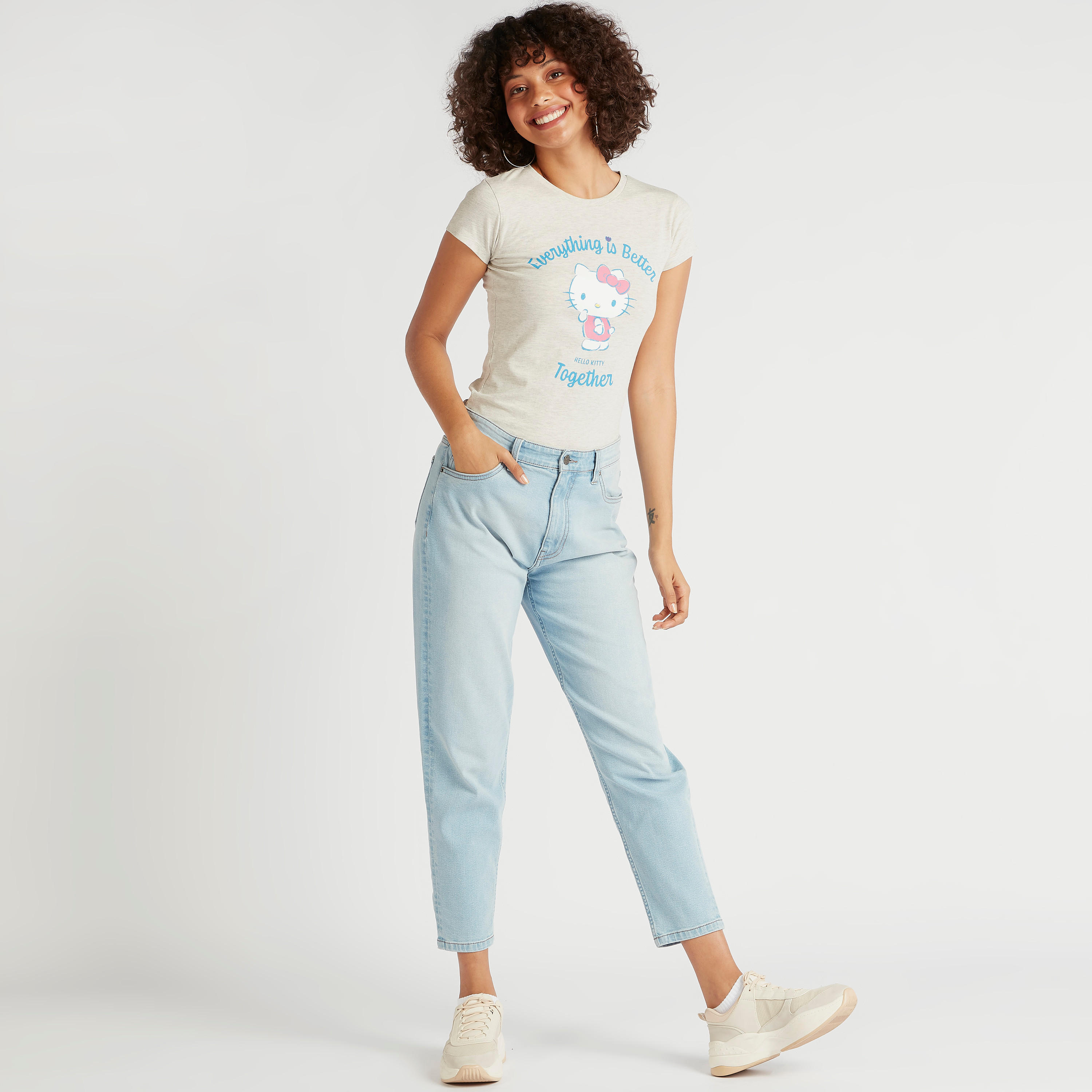 Hello Kitty Print T-shirt with Cap Sleeves and Crew Neck-women-clothing-tshirts-image-2
