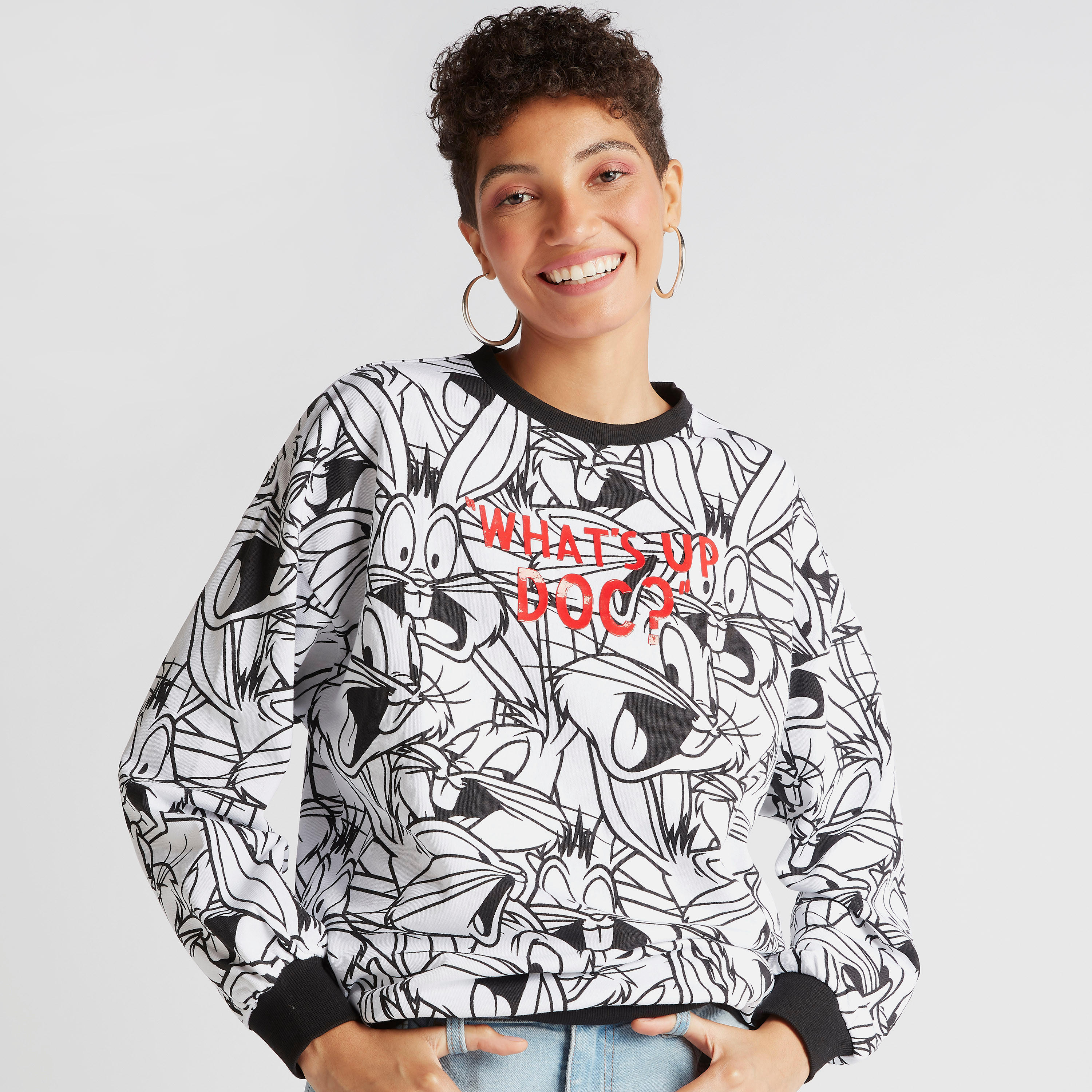 Bugs Bunny Print Sweatshirt with Crew Neck and Long Sleeves-women-winterwear-hoodiesandsweatshirts-sweatshirts-image-1