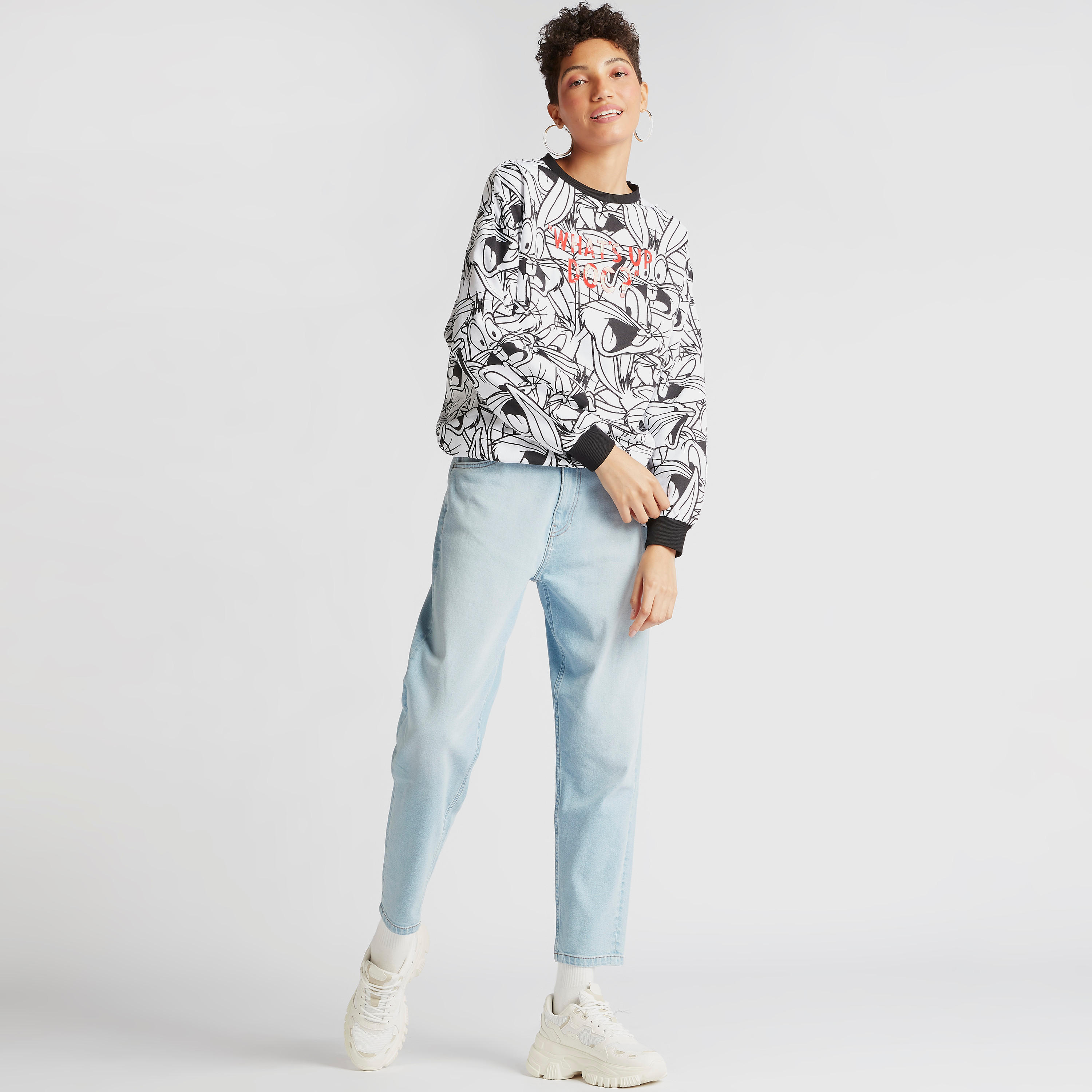 Bugs Bunny Print Sweatshirt with Crew Neck and Long Sleeves-women-winterwear-hoodiesandsweatshirts-sweatshirts-image-2