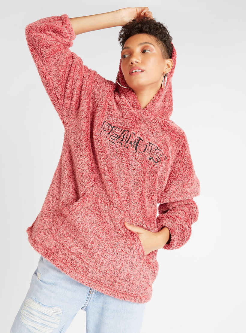 هودي منسوج بأكمام طويلة وجيوب كنغر وتصميم بناتس بارز الملمس-women-winterwear-hoodiesandsweatshirts-hoodies-image-5