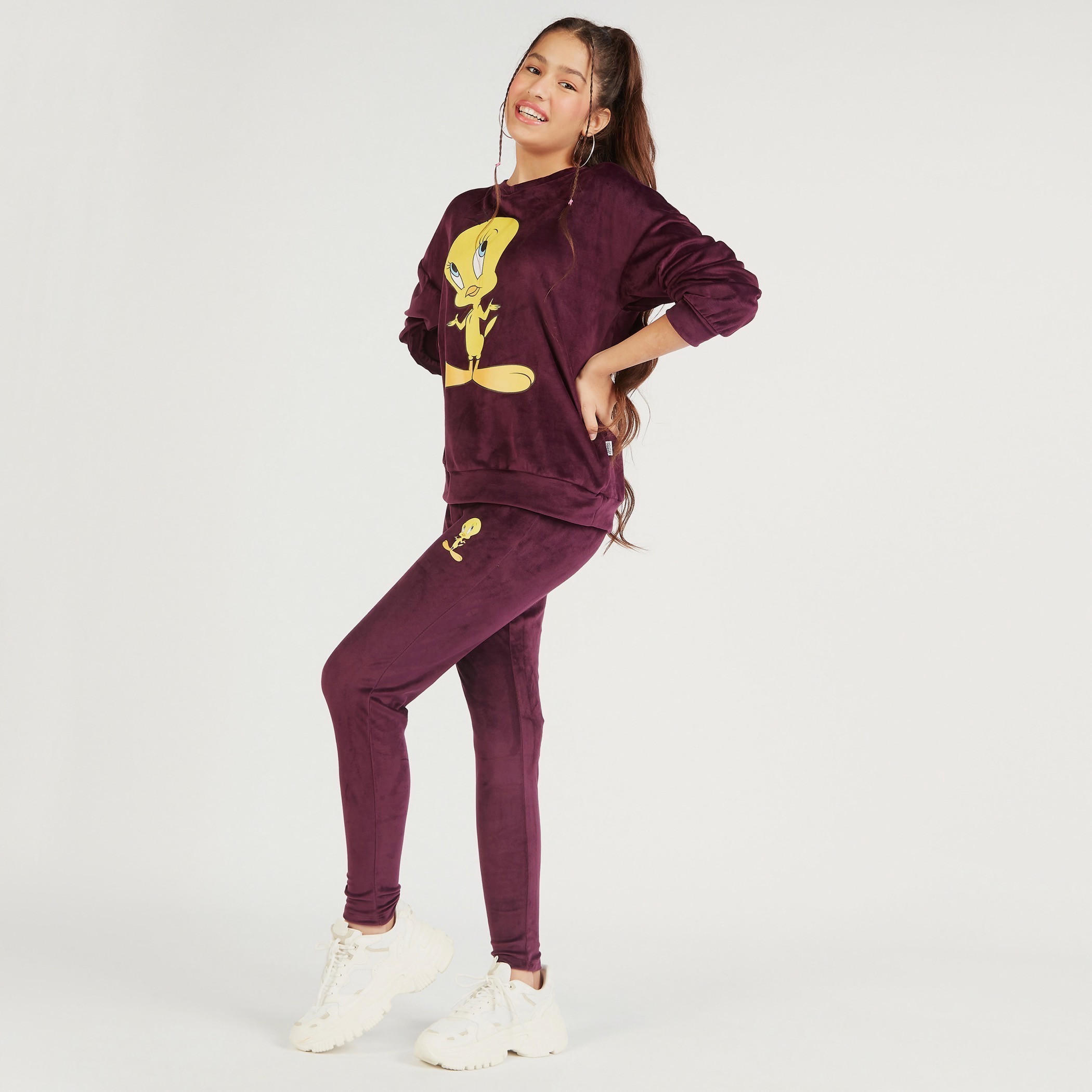 بنطلون رياضي بارز الملمس بتصميم تويتي وخصر مطاطي-women-clothing-bottoms-joggers-image-2